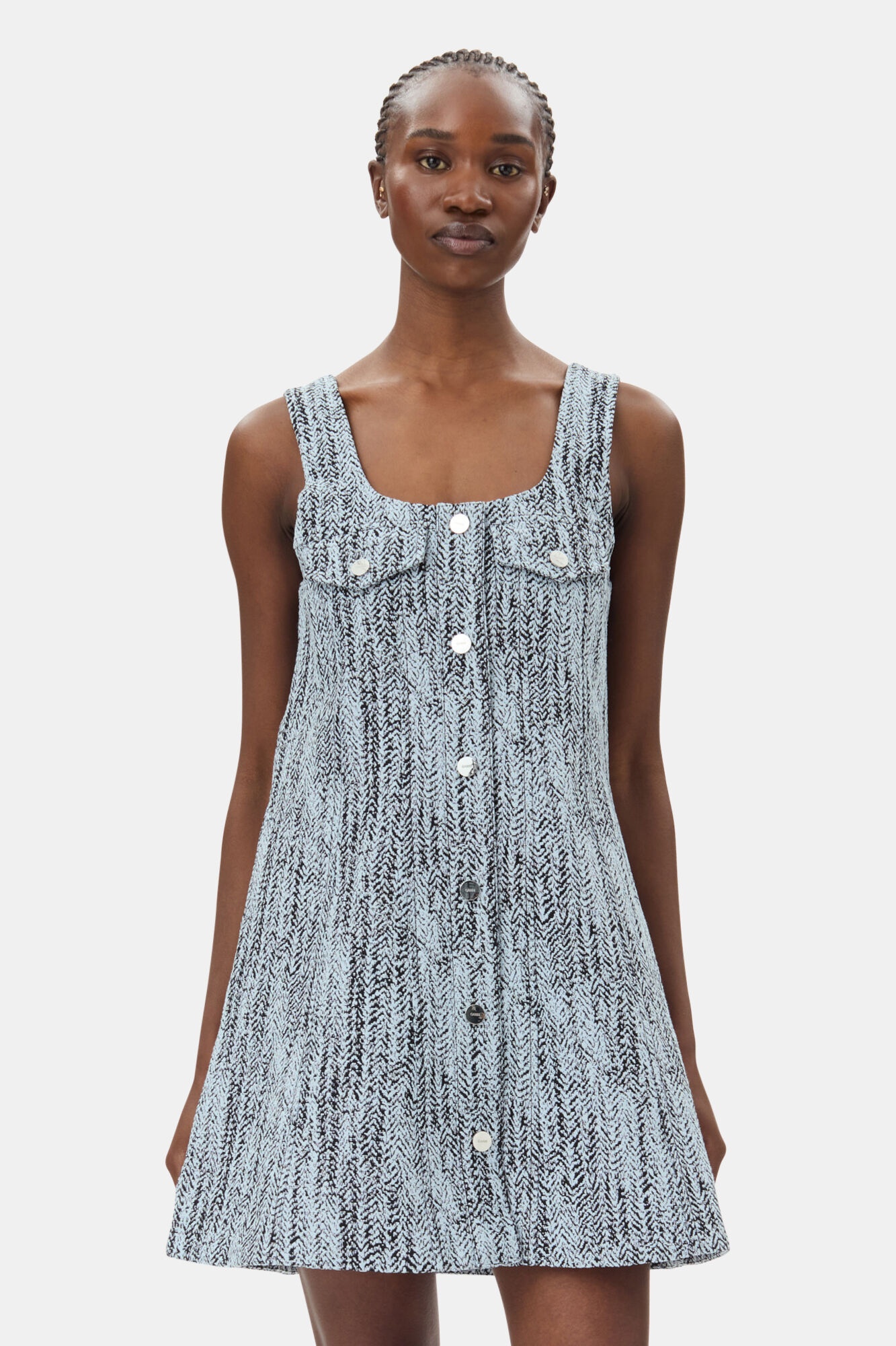 BLUE COTTON TWEED MINI DRESS - 3