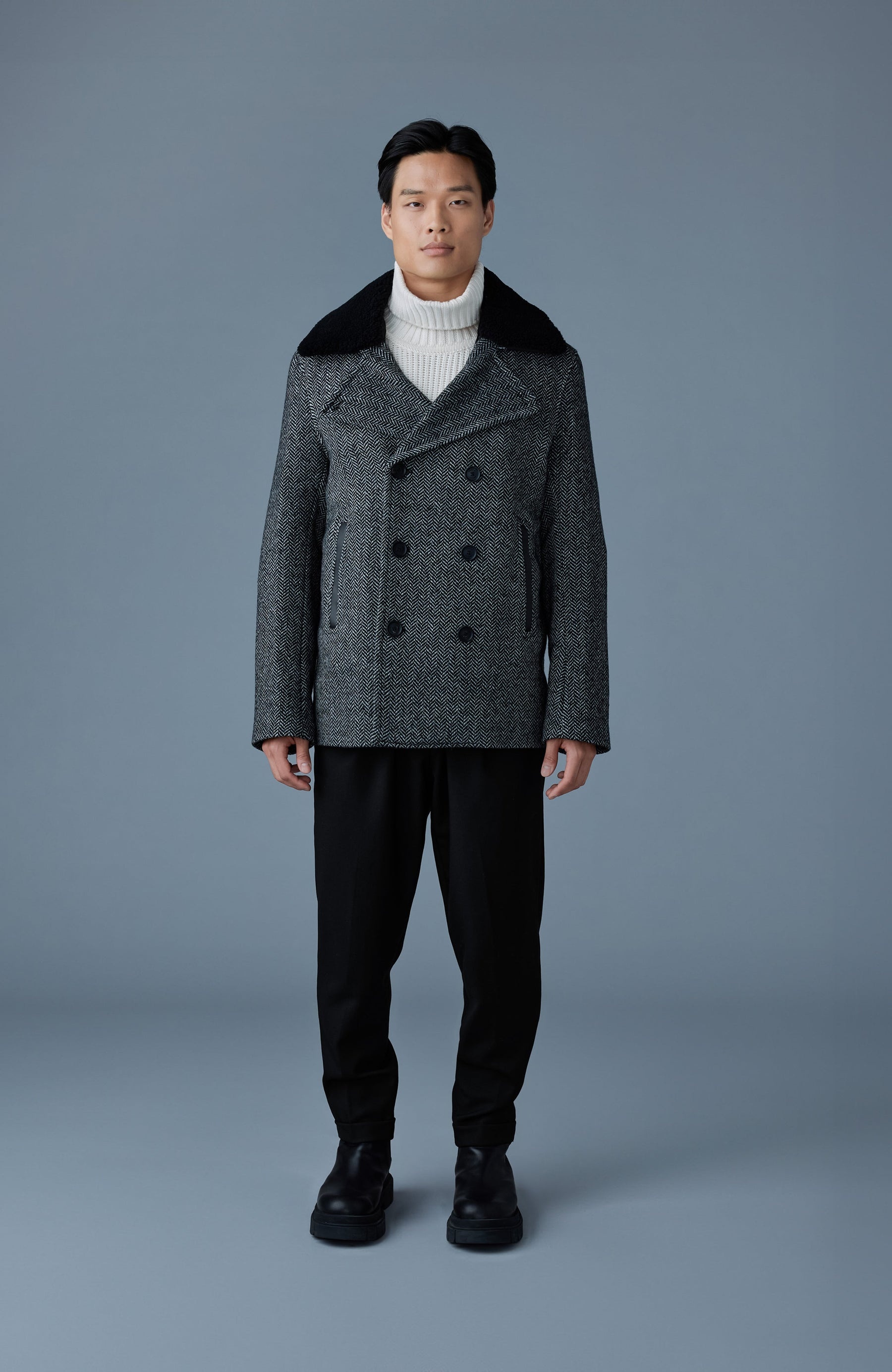 COLE-HB Wool Herringbone jacket with shearling collar - 3