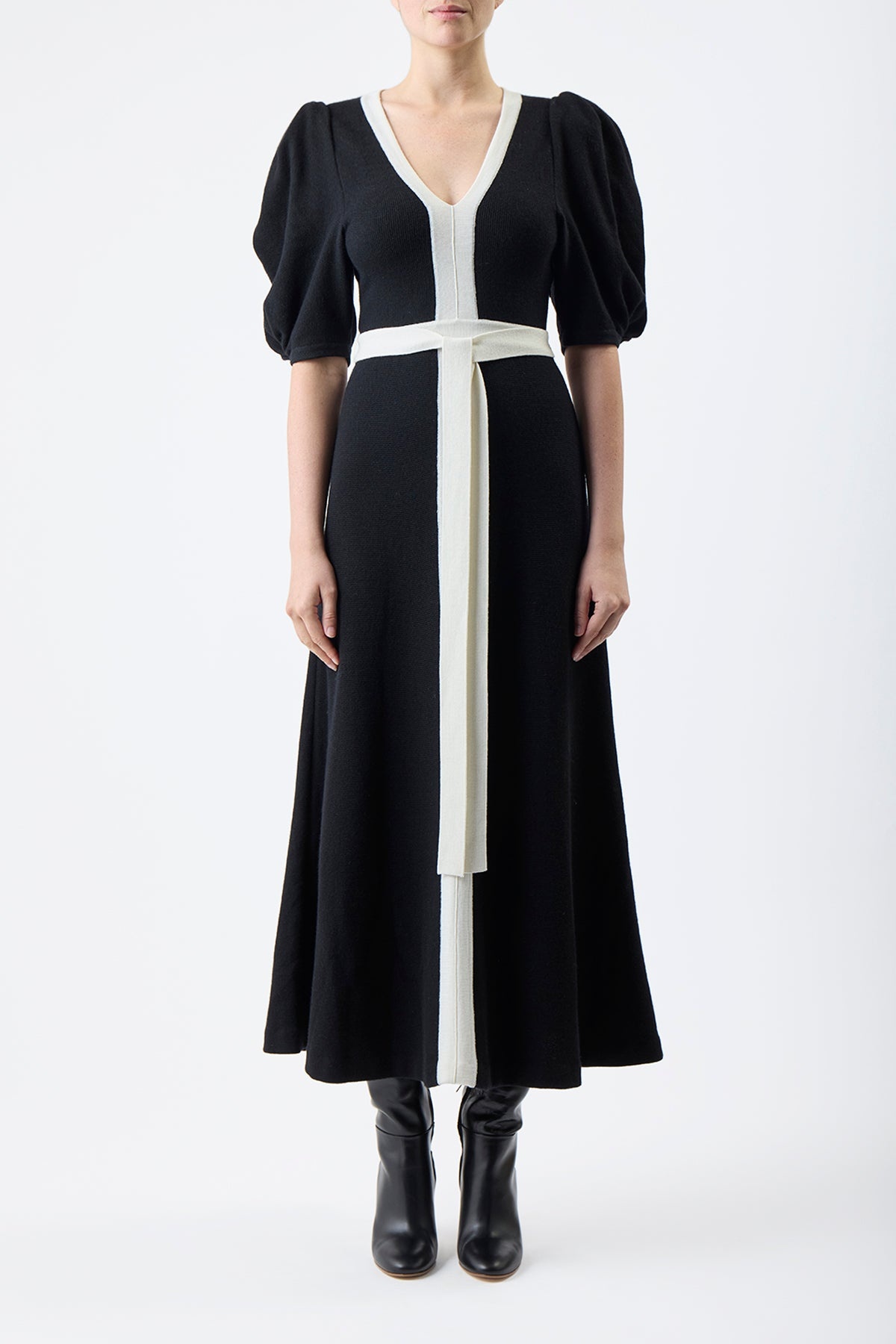 Lilias Dress in Black & Ivory Merino Wool - 3