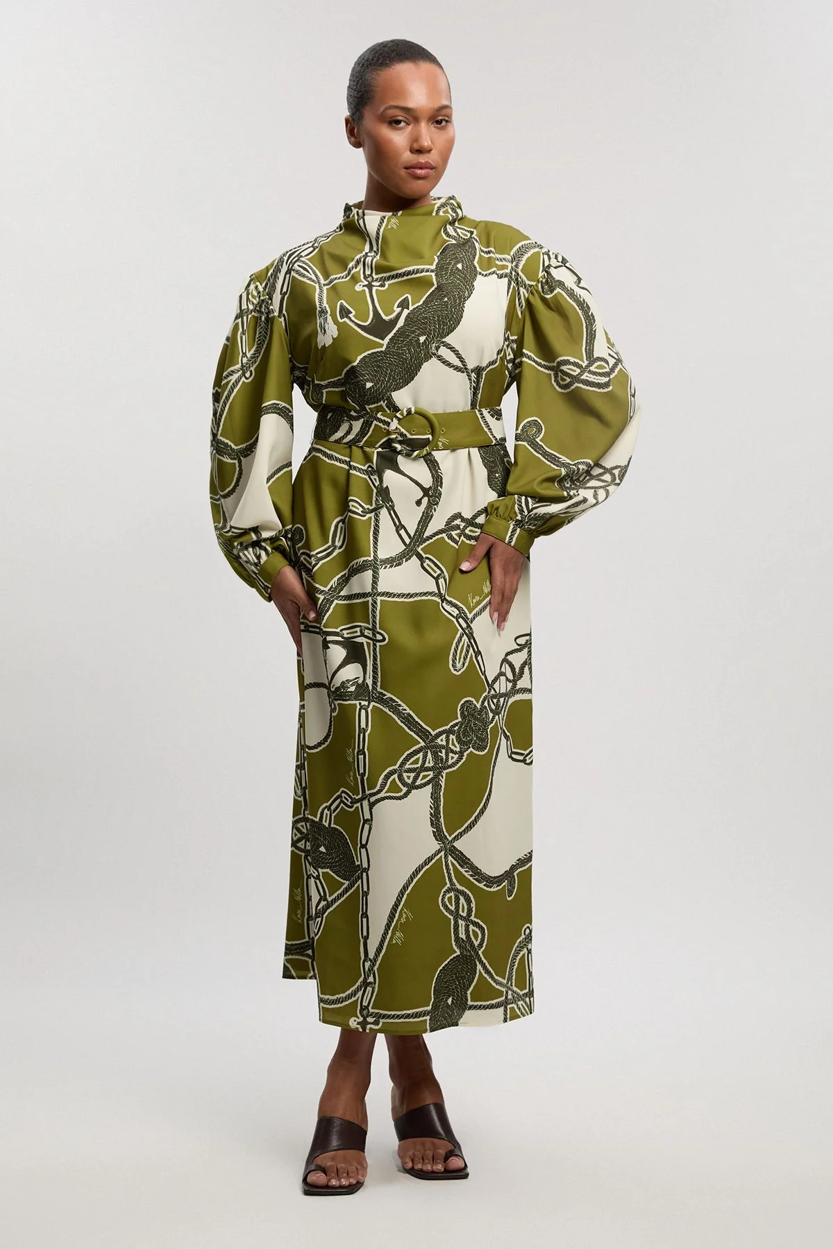 Plus Size Chain Print Woven Balloon Sleeve Maxi Dress - 1