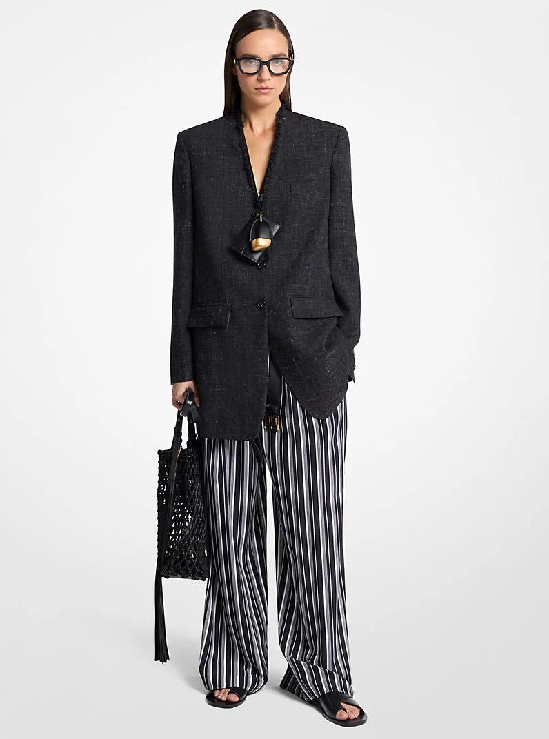 Frayed Wool and Linen Collarless Blazer - 1