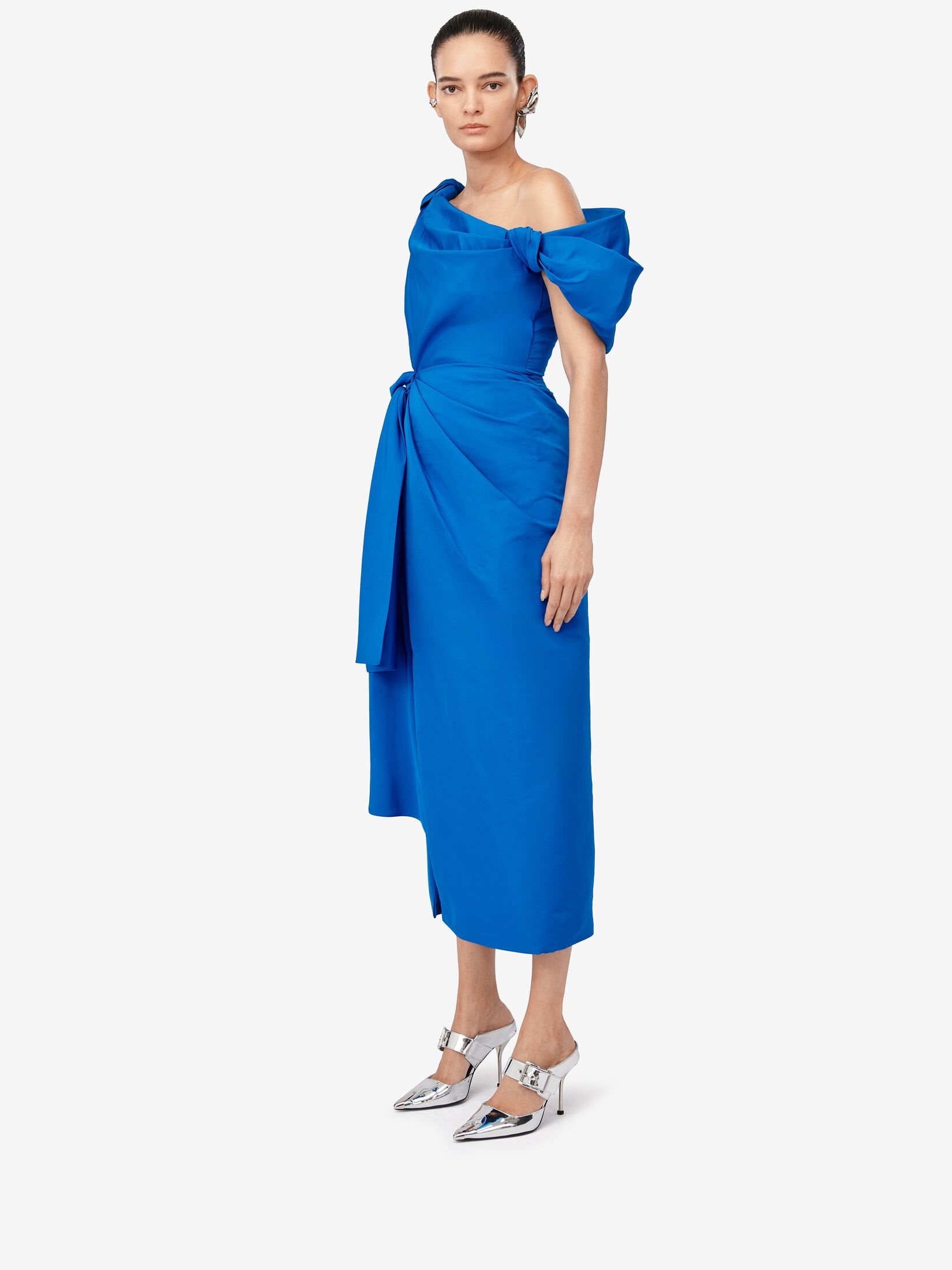 Women's Knotted Asymmetric Pencil Dress in Lapis Blue - 5
