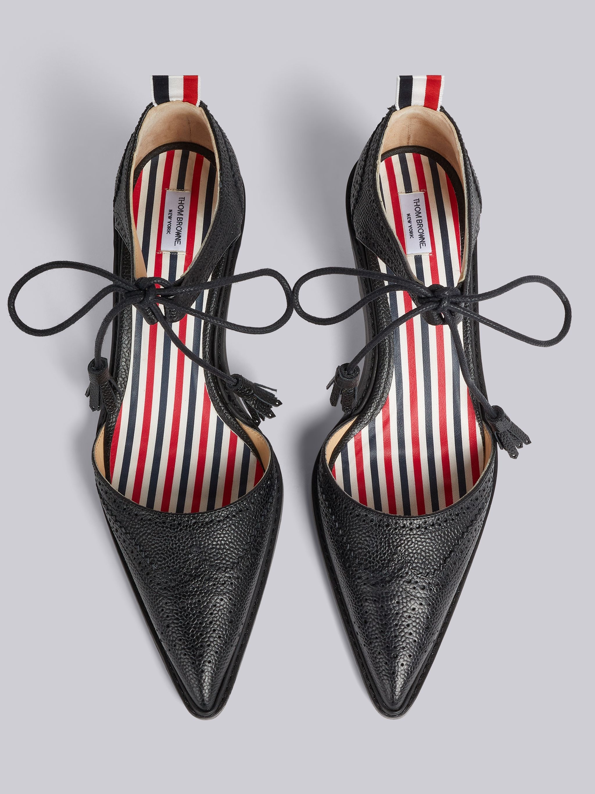 Black Pebble Grain Leather 50mm Curved Heel Tassel Ankle Tie Pointed Toe D'orsay Pump - 4