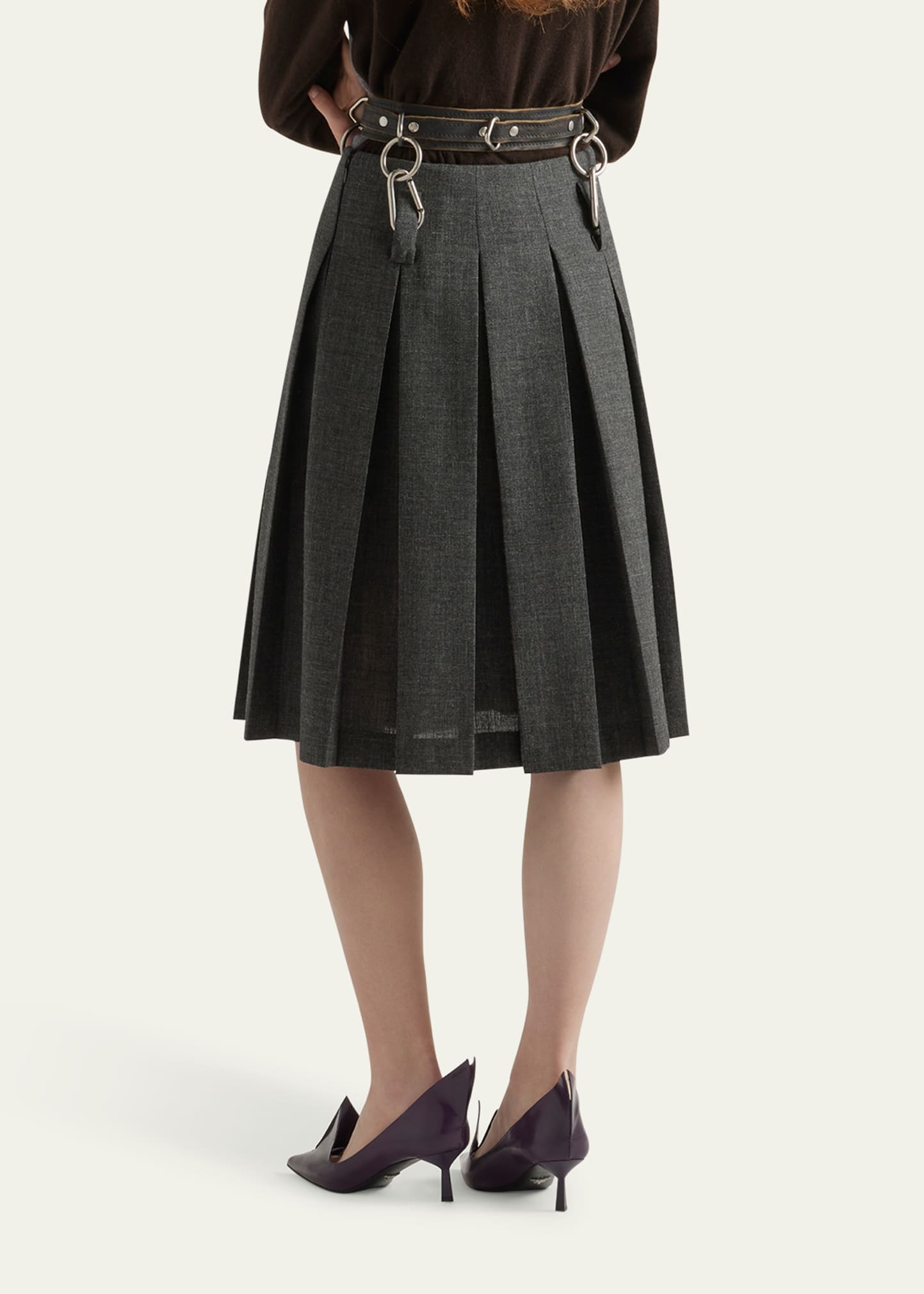 Suspended Leather Belt Pleated Wool Skirt - 3