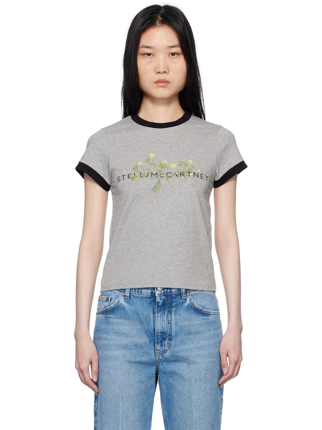Gray Logo Floral Embroidered T-shirt - 1