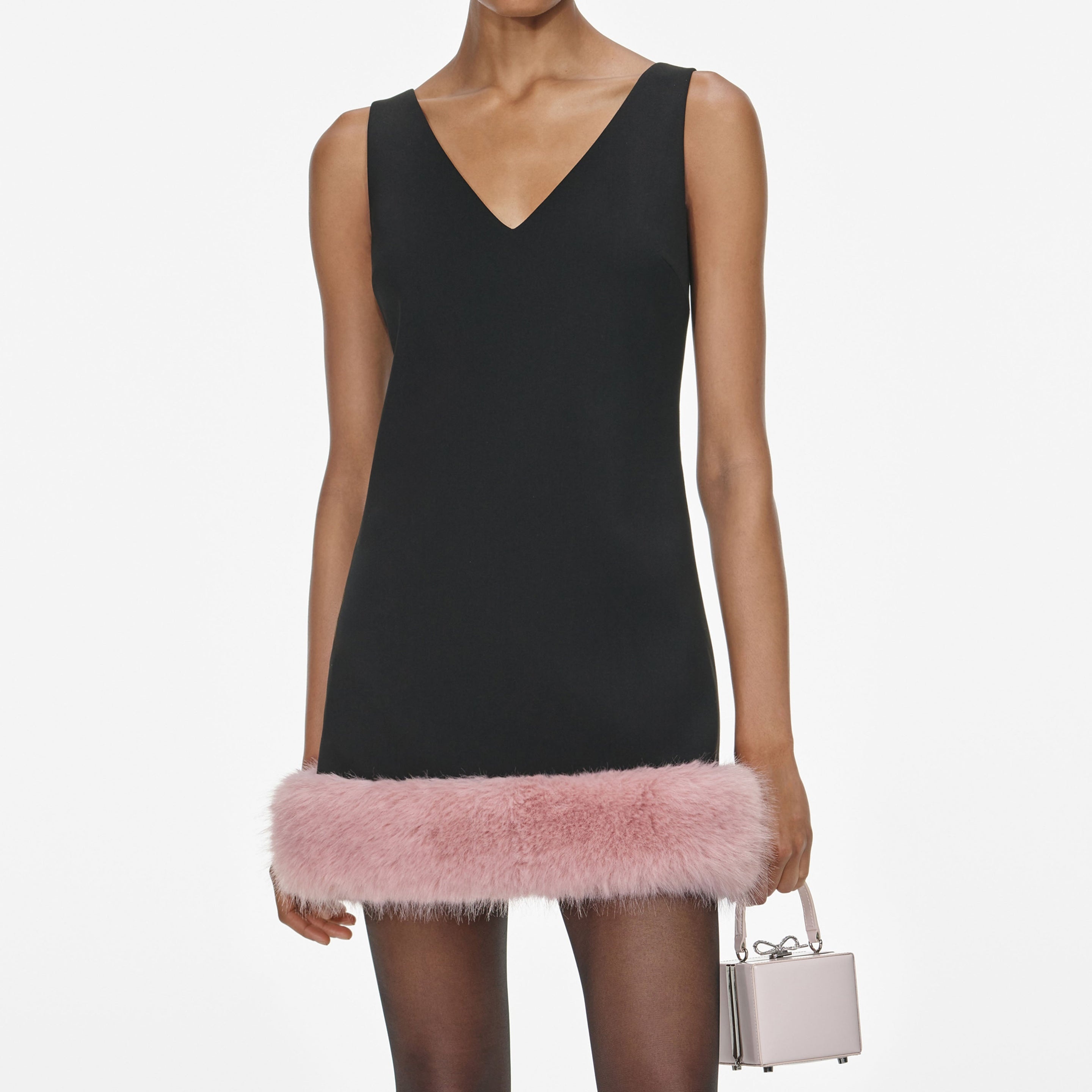 Black Crepe Fur Hem Mini Dress - 4