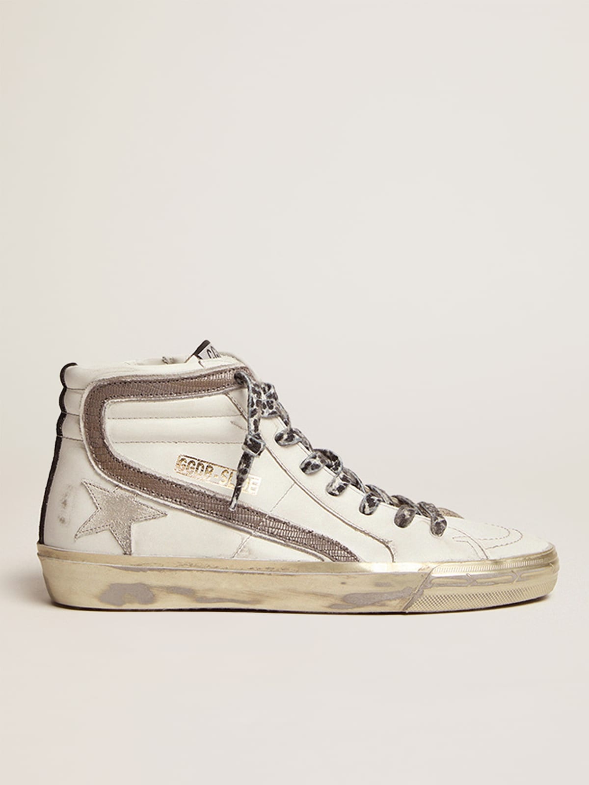 Slide sneakers with white suede star and dove-gray lizard-print leather flash - 1
