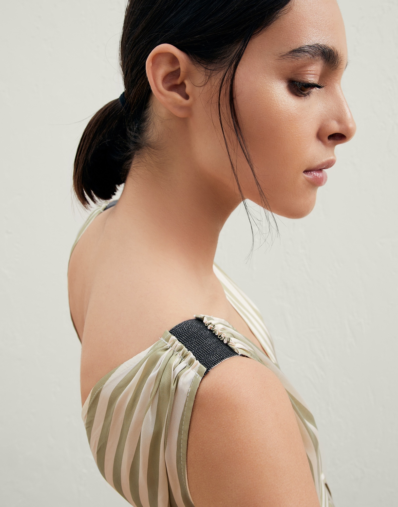 Viscose and silk striped twill belted dress with precious shoulder detail - 3