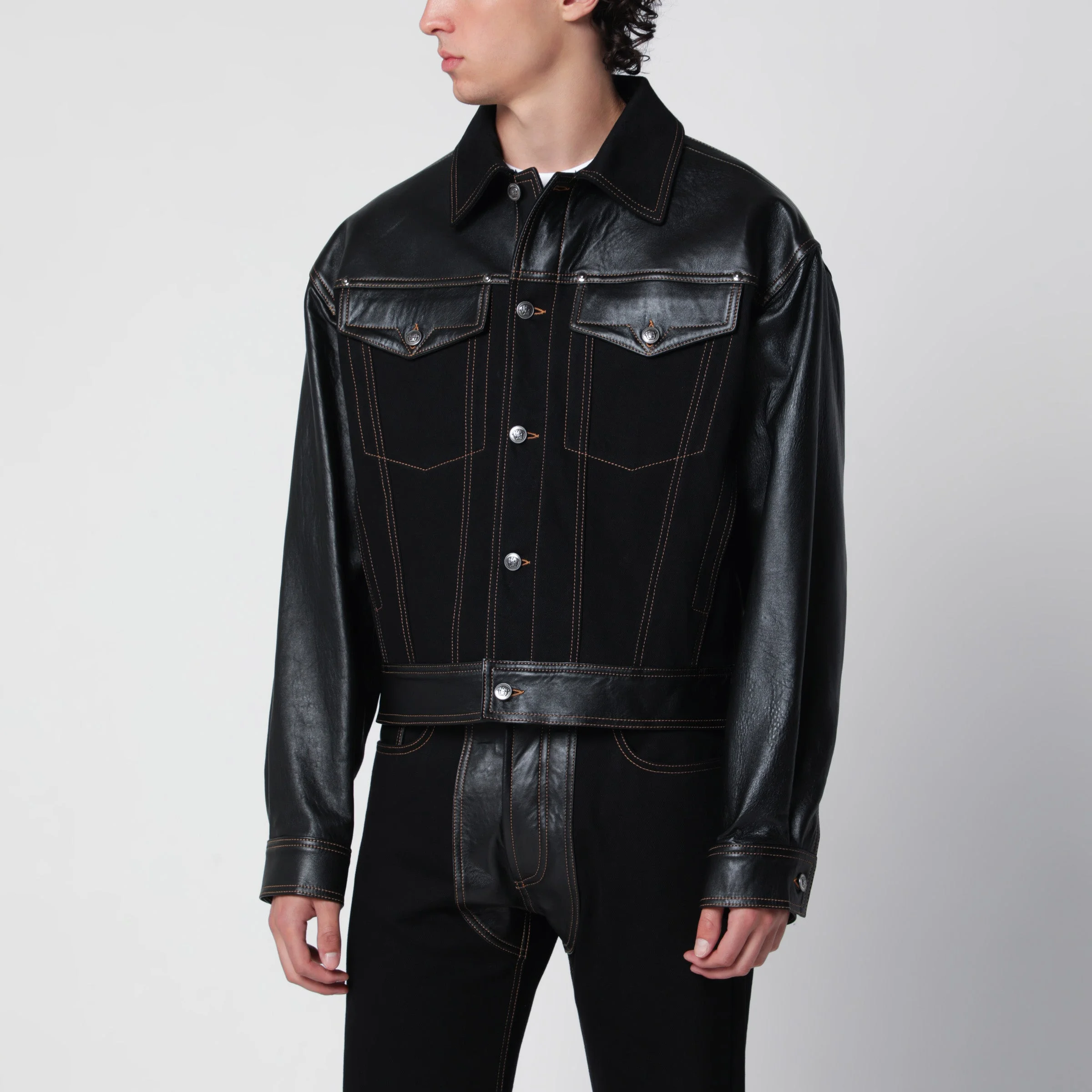 Black Denim and Leather Bomber Jacket - 1