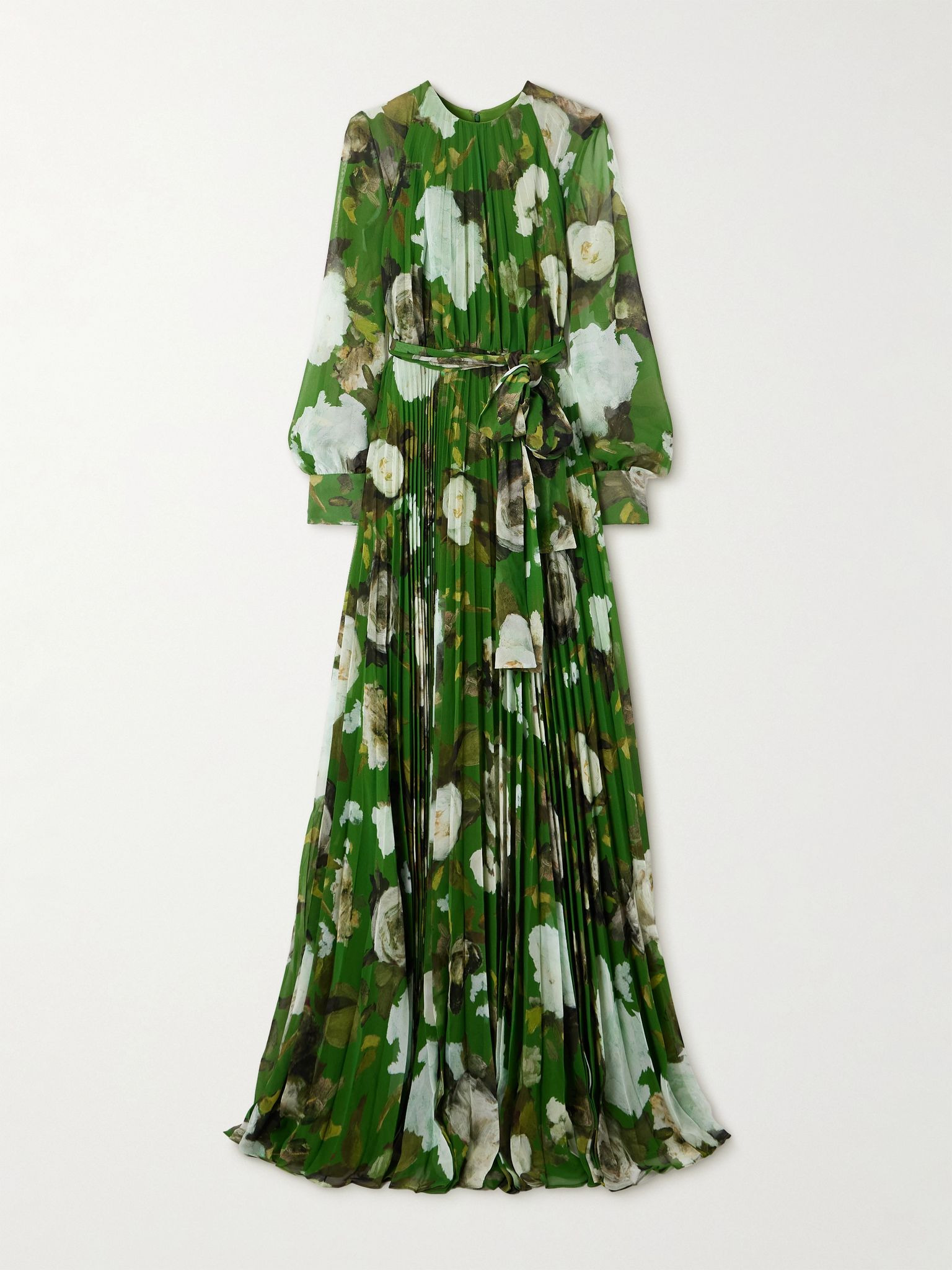 Belted pleated floral-print crepe de chine gown Green - 1