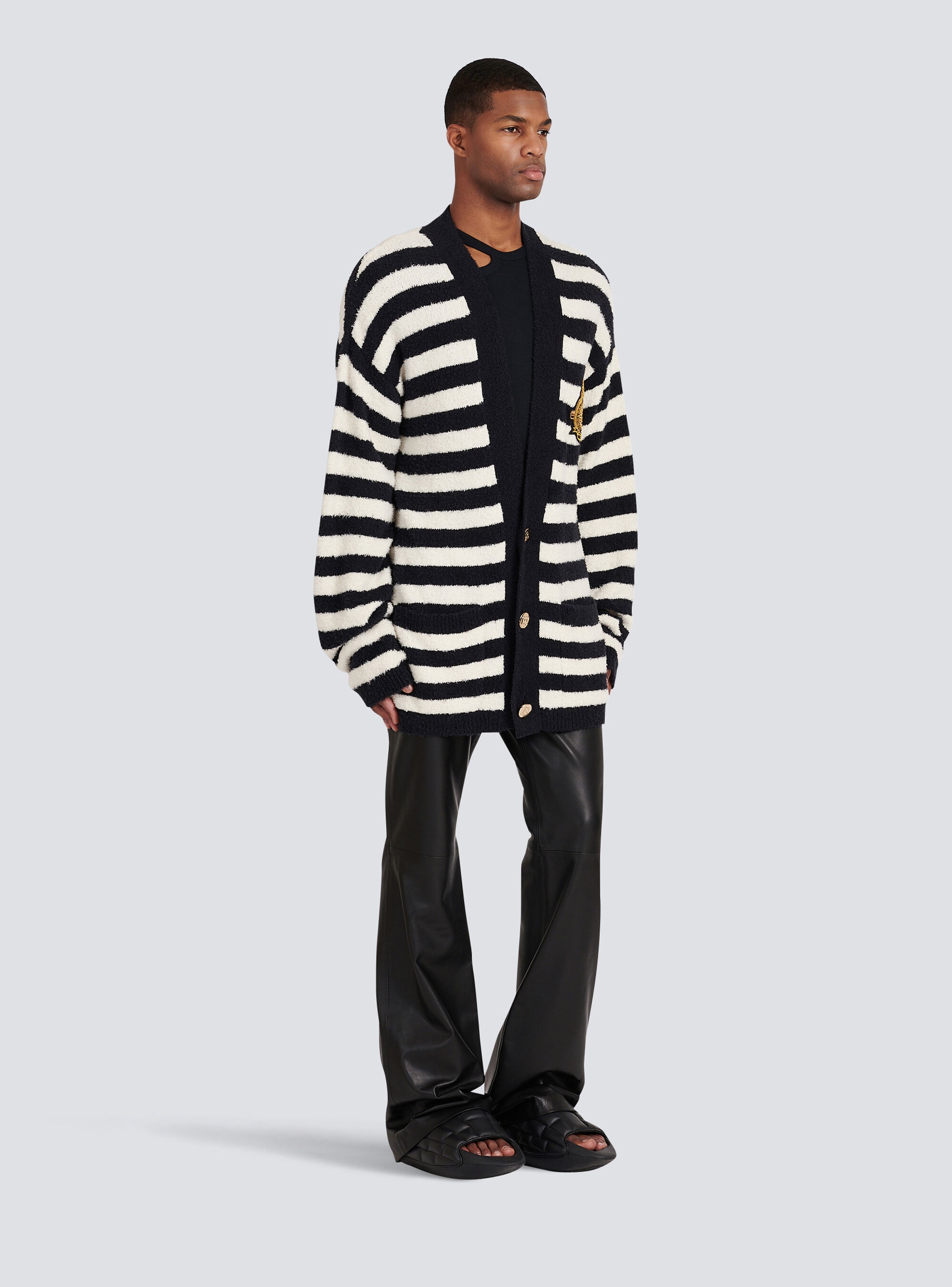Cotton cardigan with strippes and Balmain badge - 5