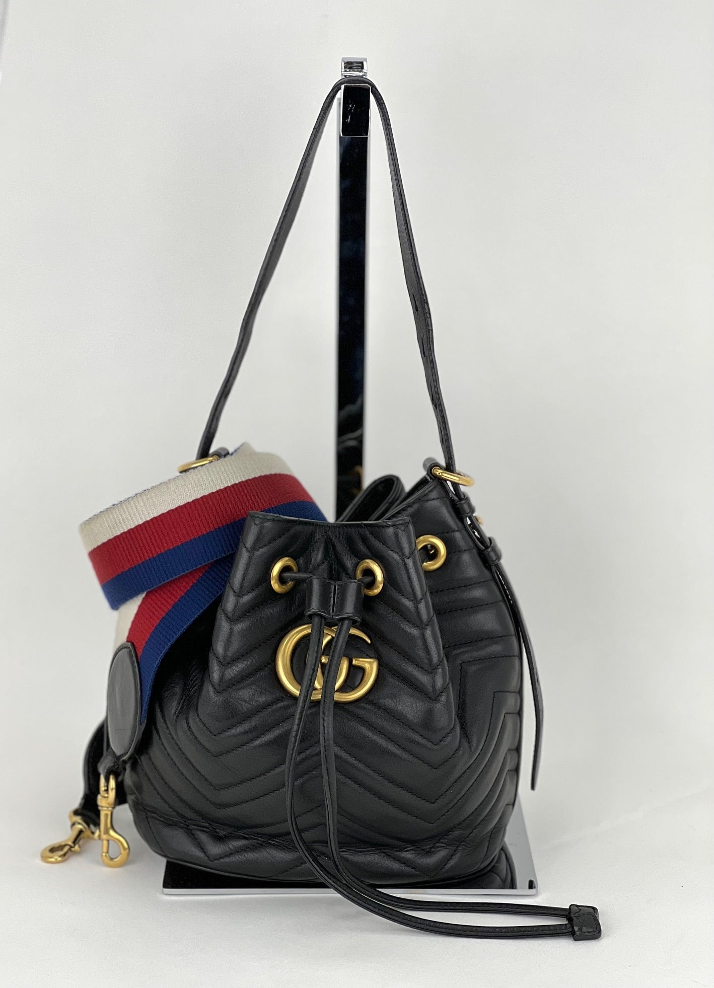 Gucci Handbag Sylvie Web GG Marmont Black Leather Matelasse Bucket Bag - 1