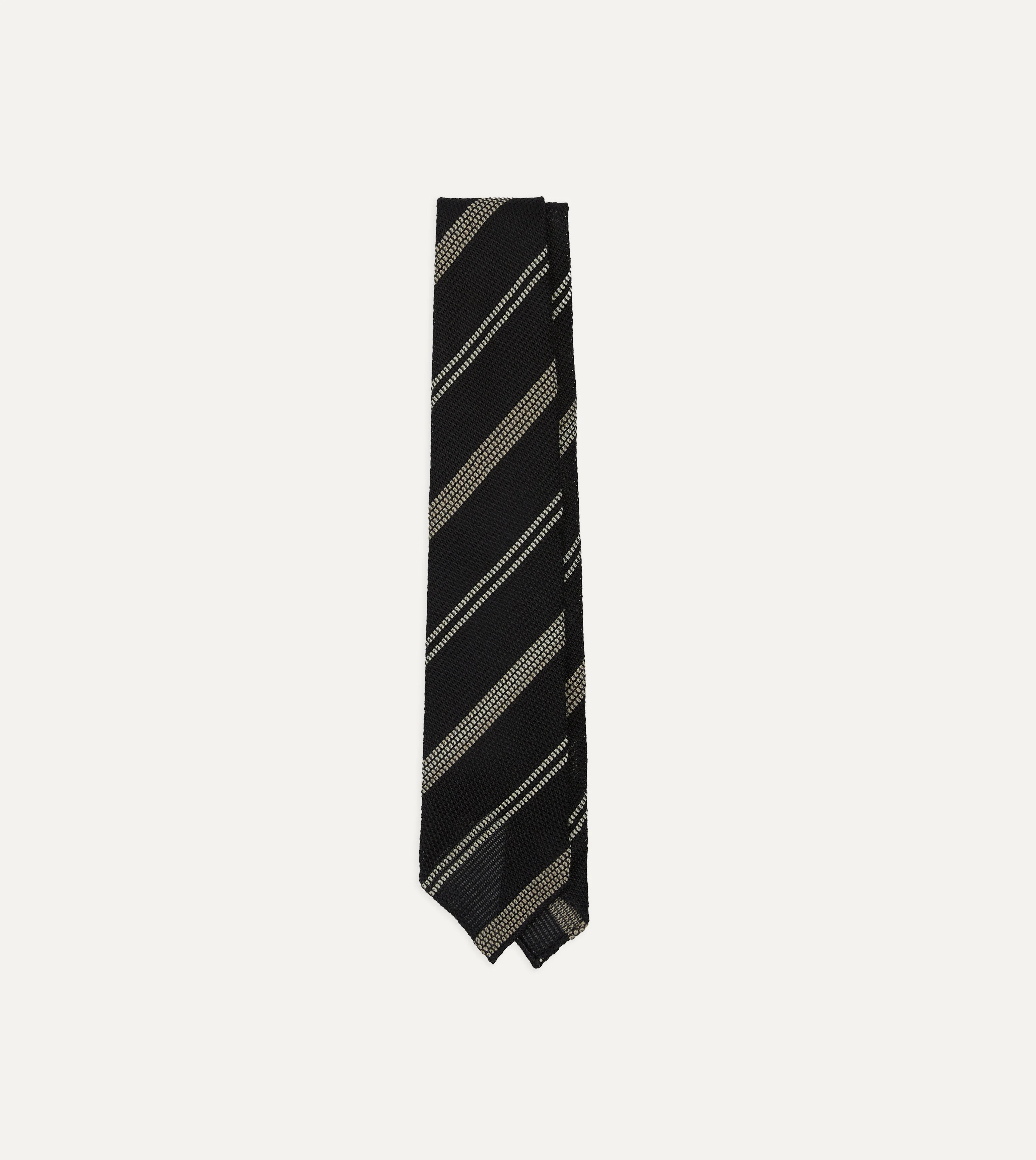 Navy, White and Brown Stripe Grenadine Hand Rolled Wool-Silk Tie - 1