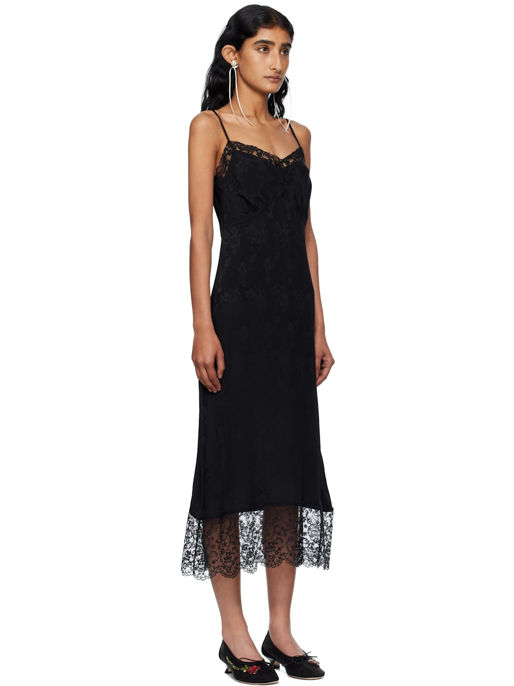 Black Deep Lace Trim Slip Midi Dress - 2