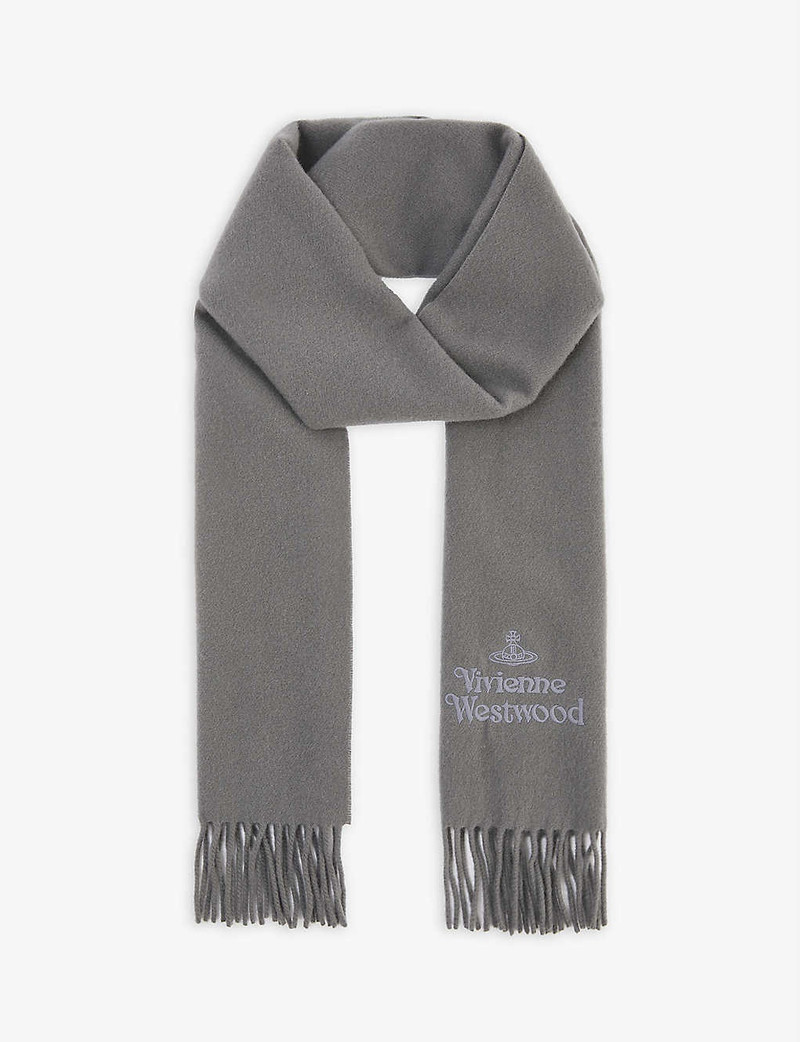 Brand-embroidered fringed-trim scarf - 1