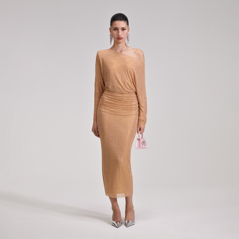 self-portrait Gold Rhinestone Mesh Midi Dress - PF23-110M-Y | REVERSIBLE