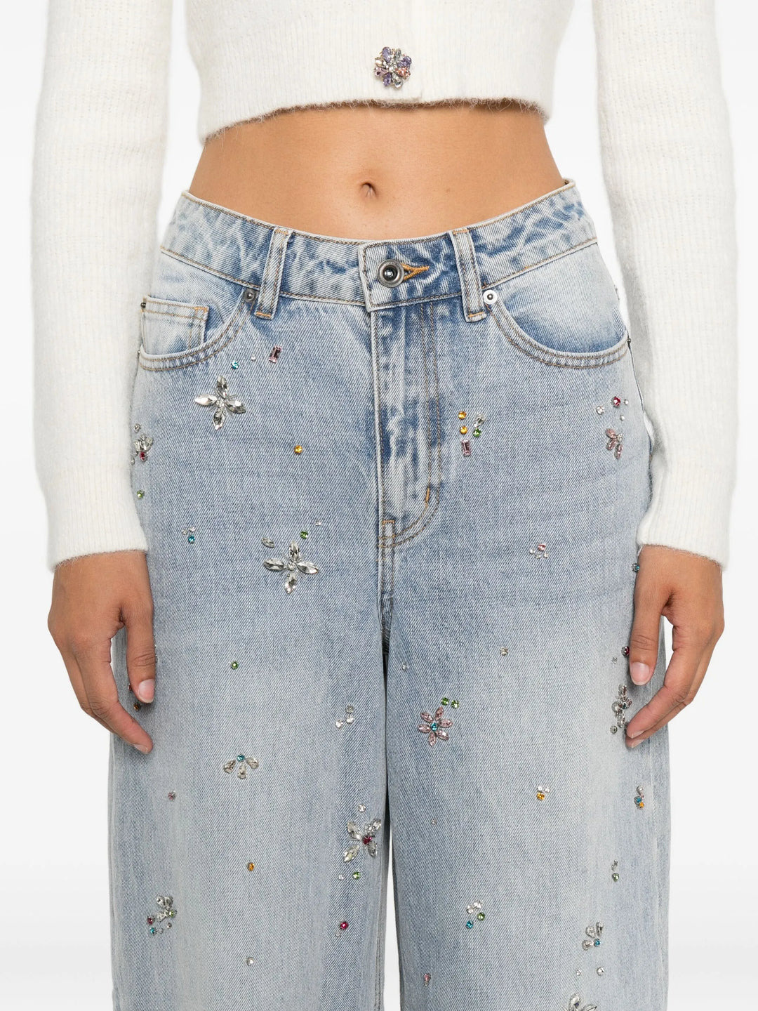 Light Blue Embellished Wide Leg Jeans - 5