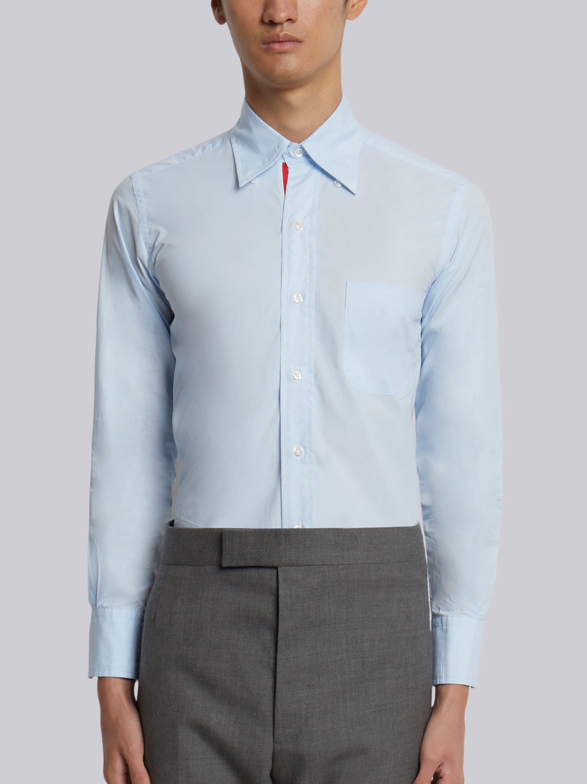 Light Blue Solid Poplin Stripe Grosgrain Placket Classic Fit Shirt - 1