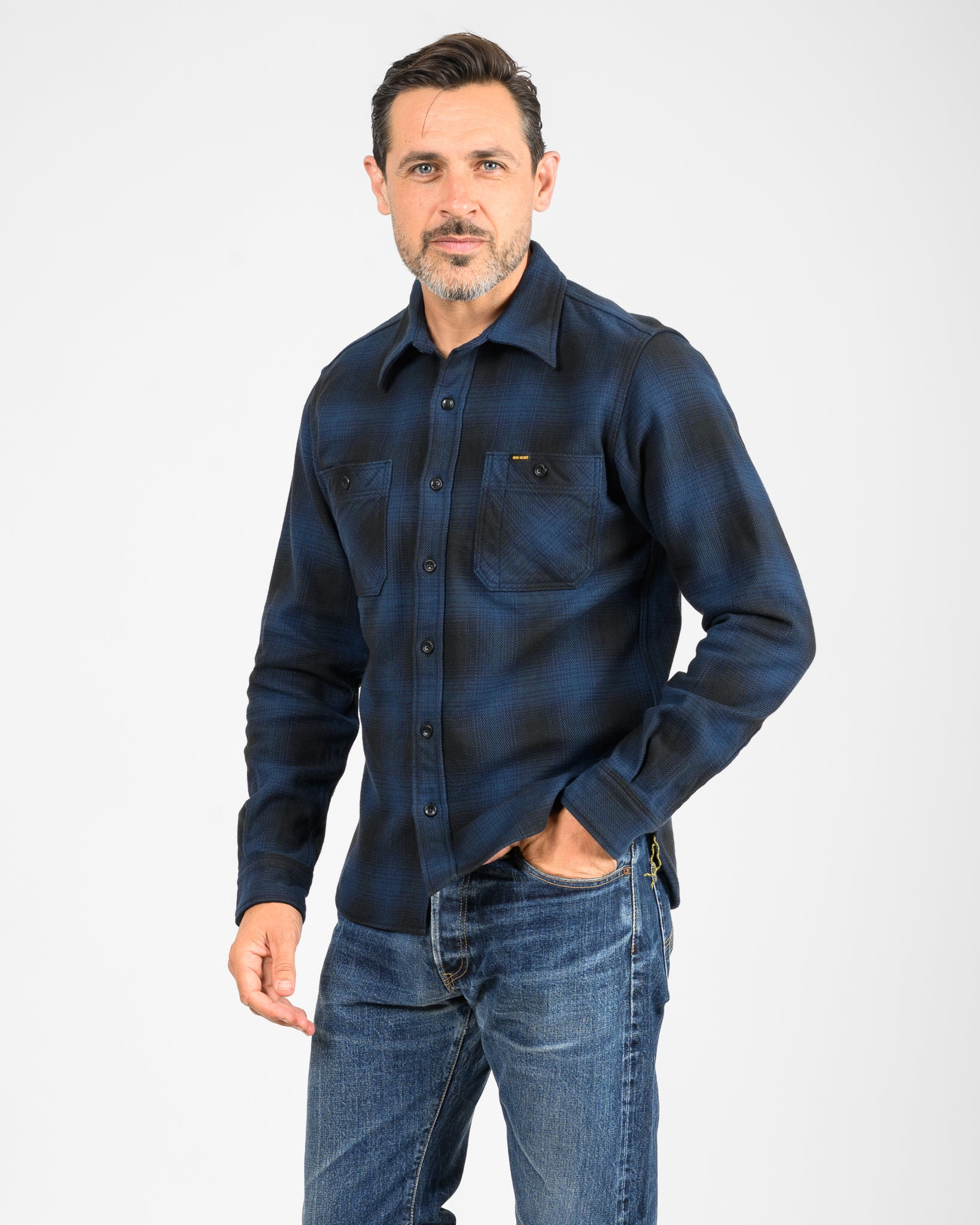 IHSH-265-NAV Ultra Heavy Flannel Ombré Check Work Shirt - Navy/Black - 2