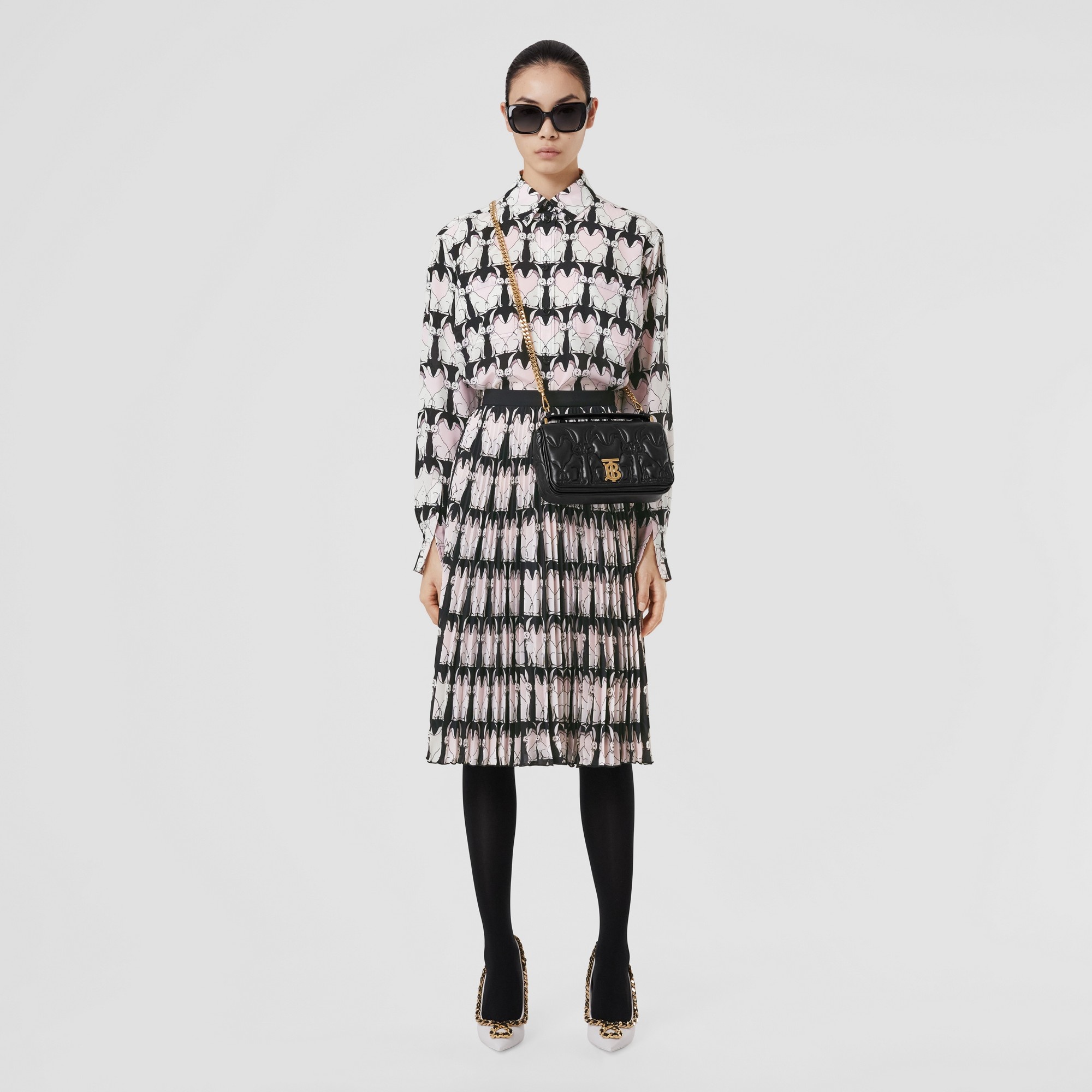 Rabbit Print Pleated Crepe de Chine Skirt - 4