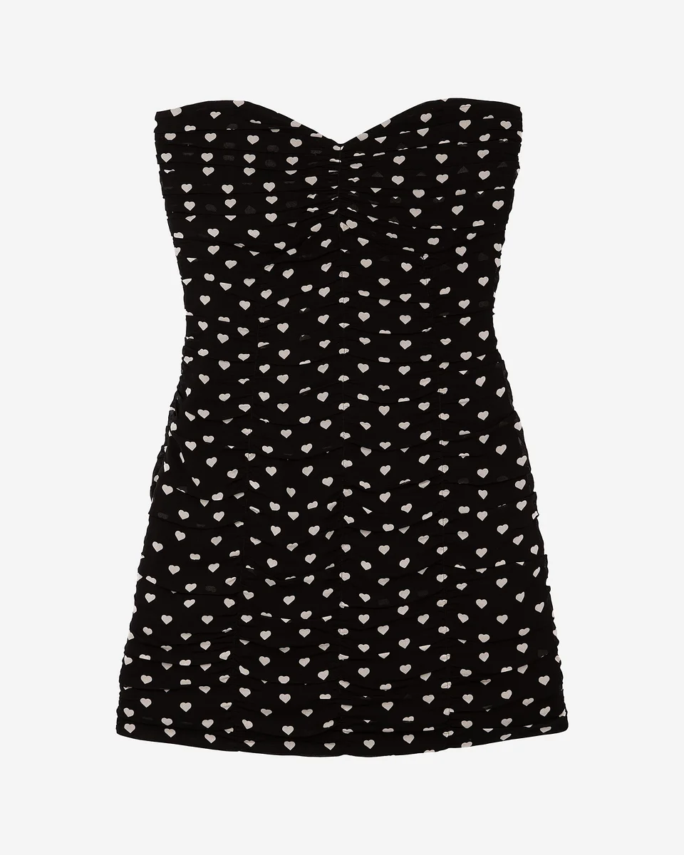 SHORT STRAPLESS BLACK HEART PRINT DRESS - 1
