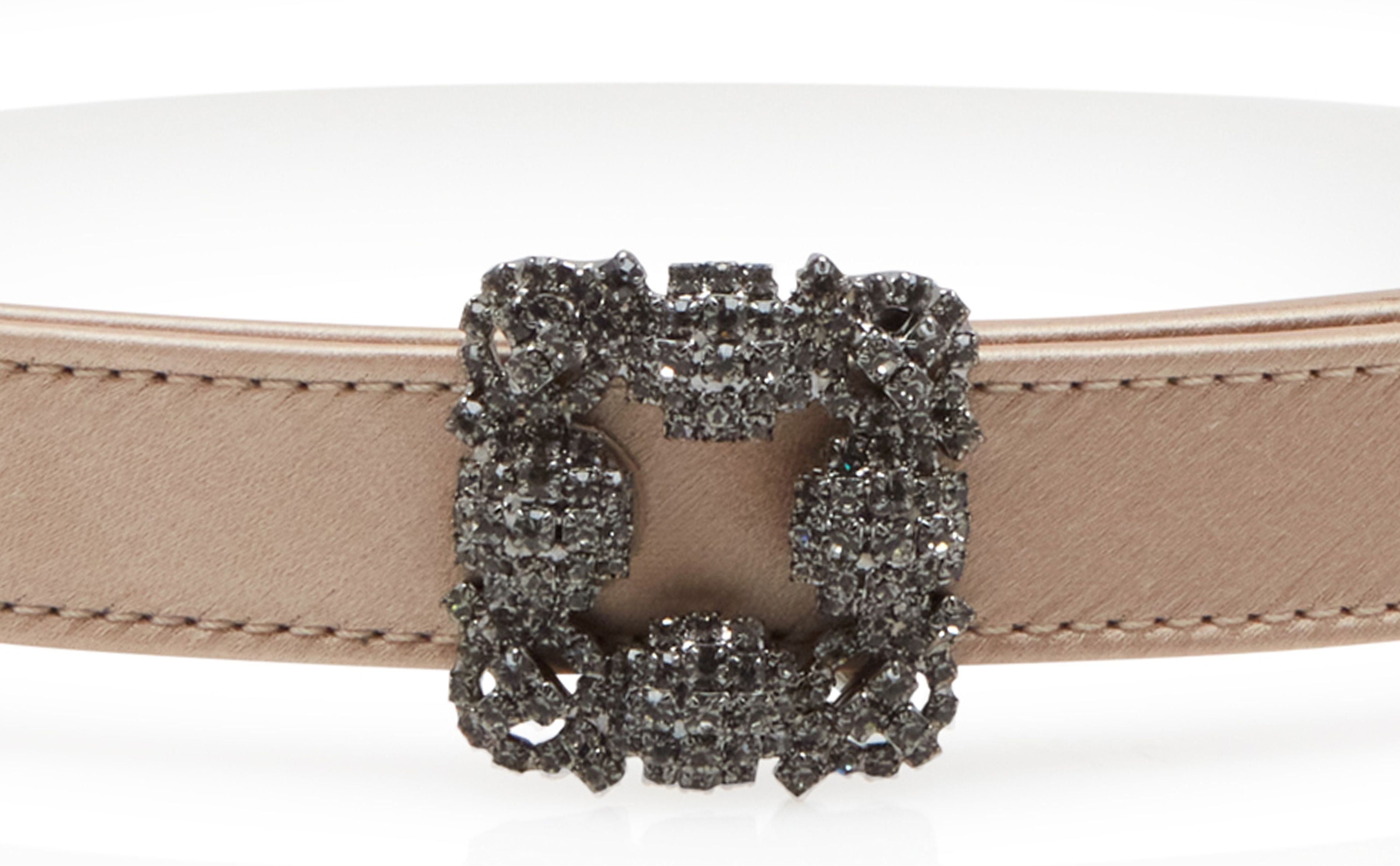 Light Beige Satin Crystal Buckled Belt - 4