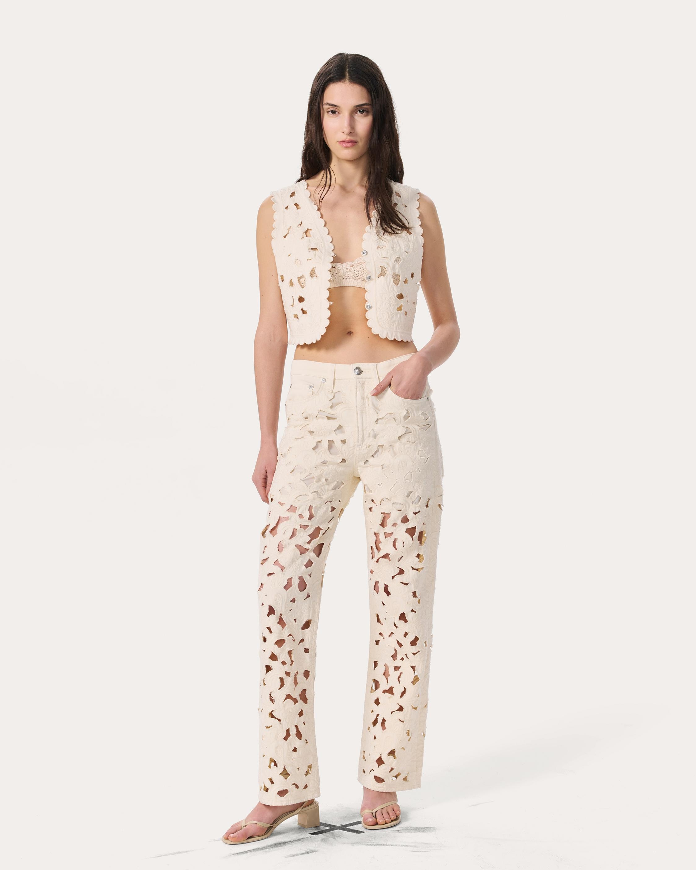 Coralie Cutout Denim Vest
Lightweight Rigid in Ecru Floral Cutout - 3