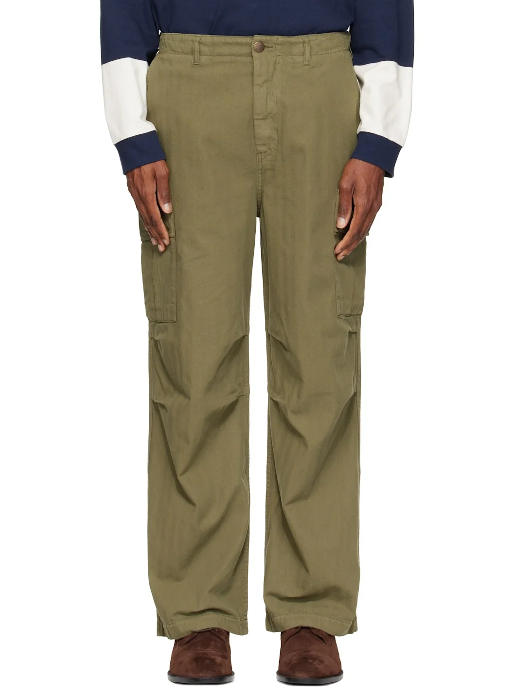 Green Herringbone Cargo Pants - 1