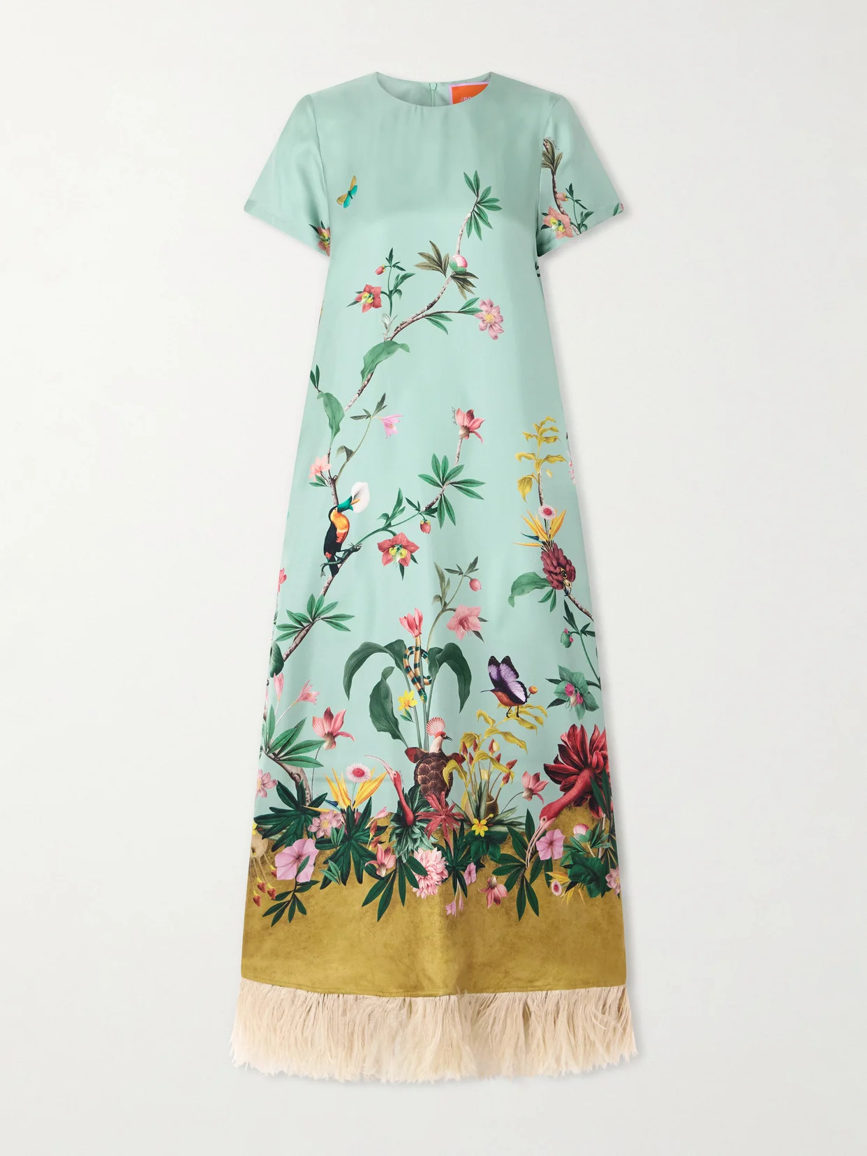 Swing Feather-trimmed Printed Silk-twill Maxi Dress - 1