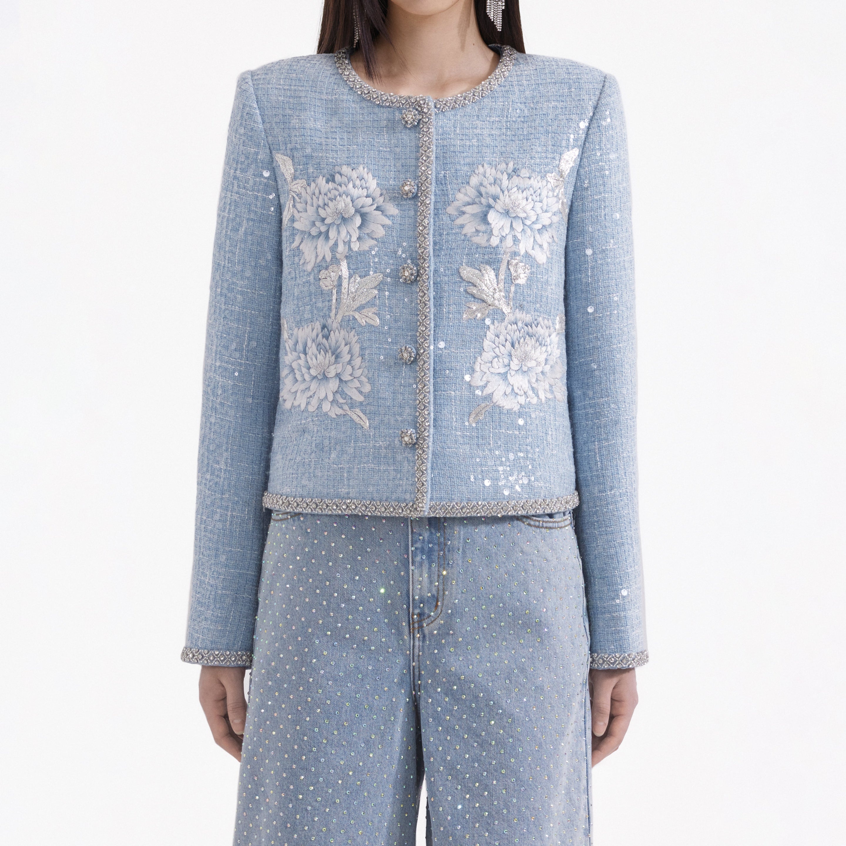 Blue Embroidered Boucle Jacket - 4