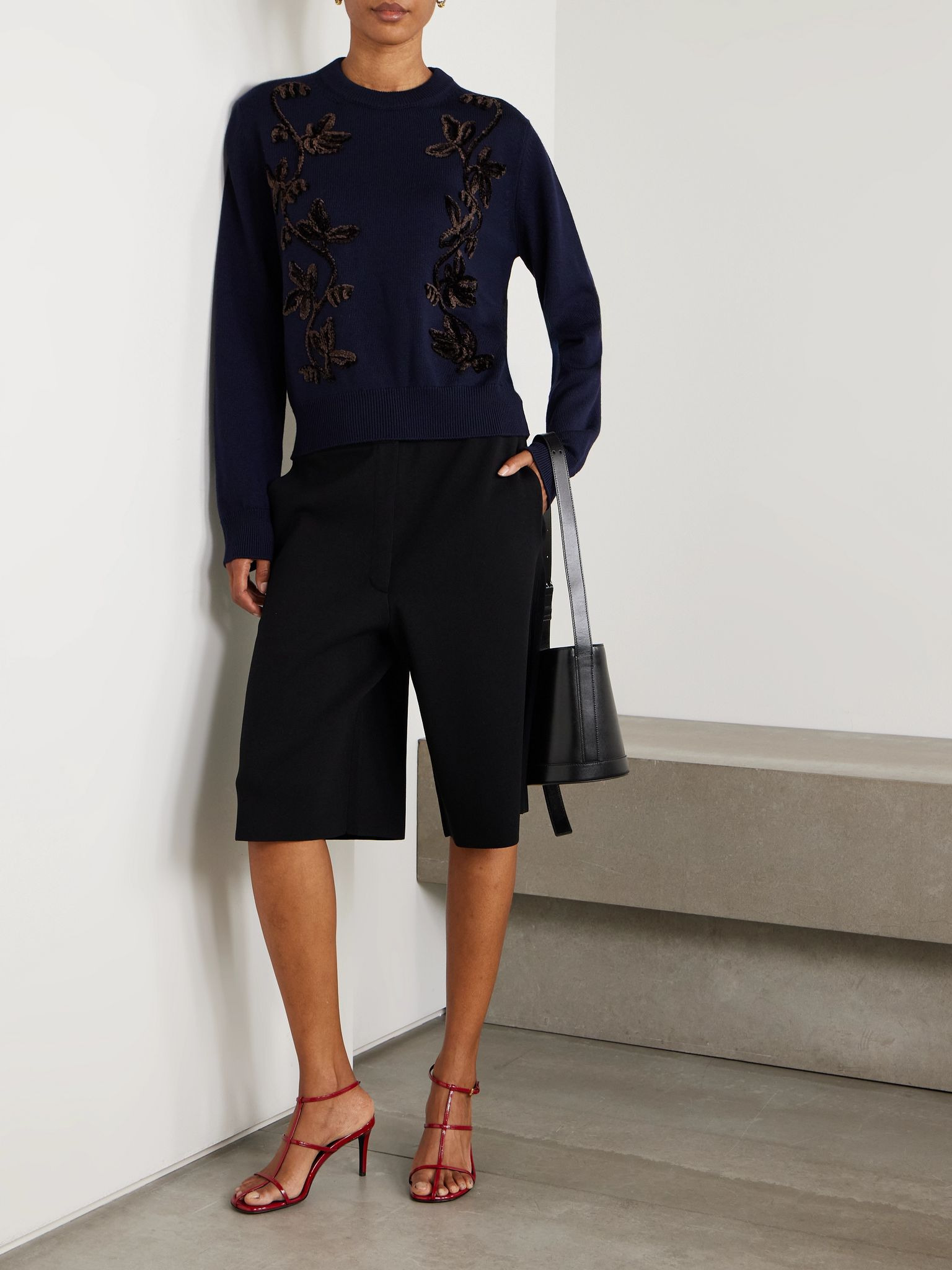 Embroidered merino wool sweater Navy - 2