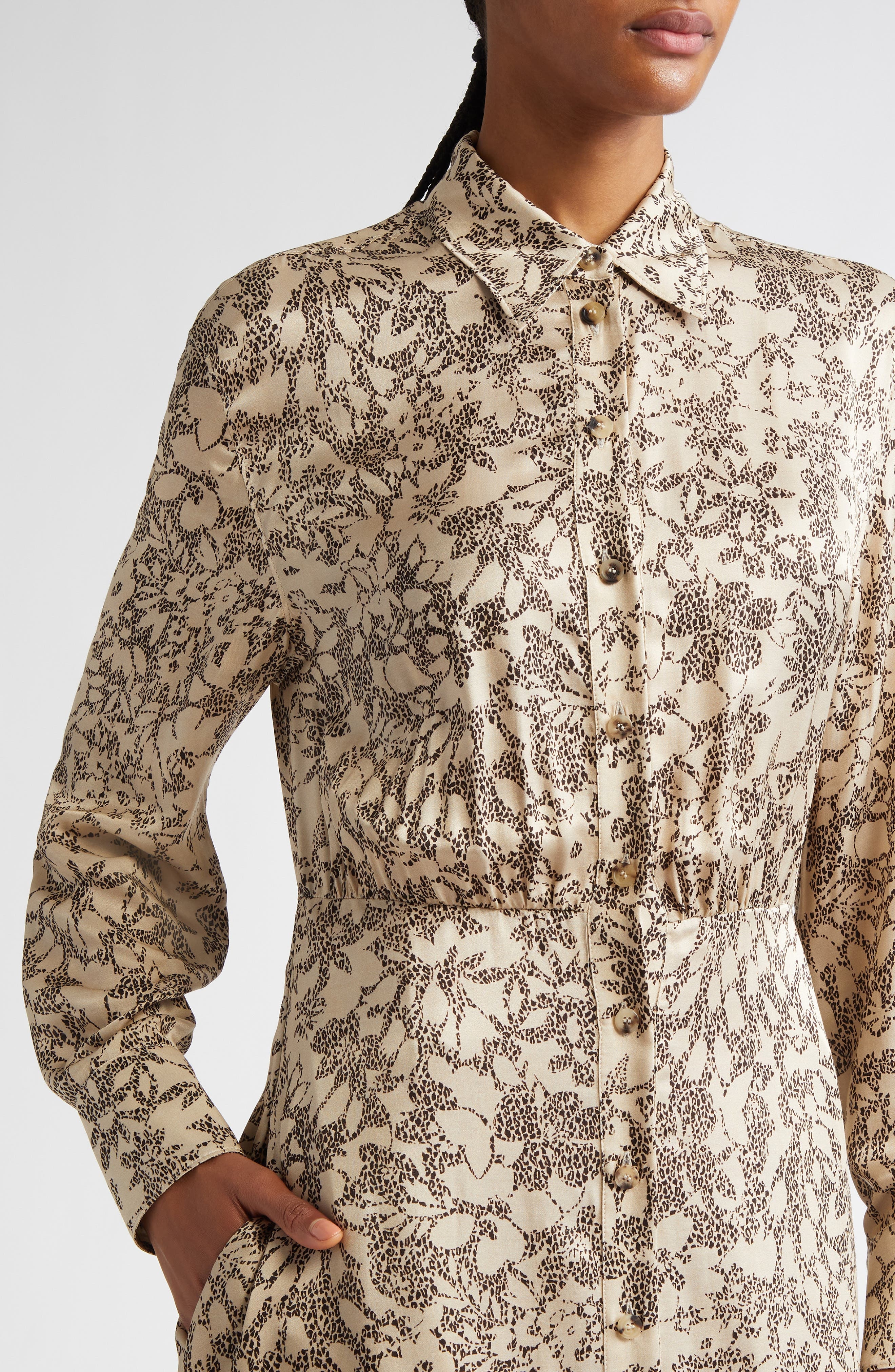 Golden Goose Print Long Sleeve Satin Maxi Shirtdress in Safari/Black at Nordstrom - 4