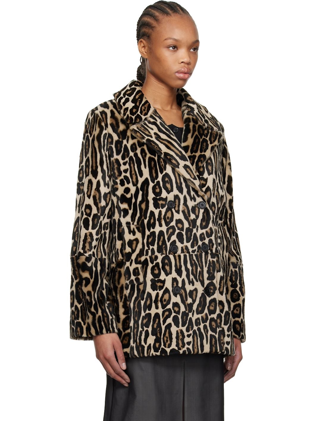 Black & Brown Leopard Shearling Peacoat - 2