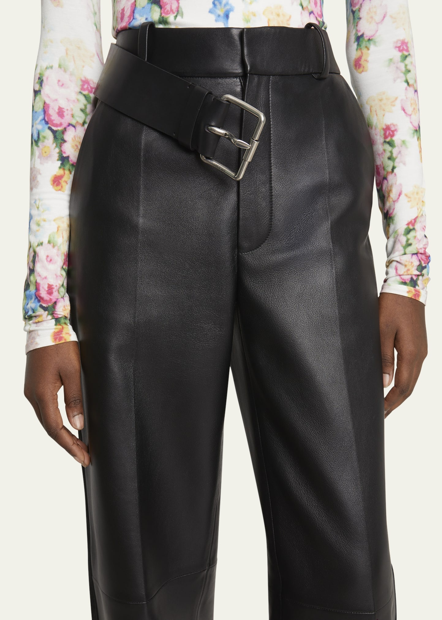 Pleated Leather Buckle Detail Trousers - 5