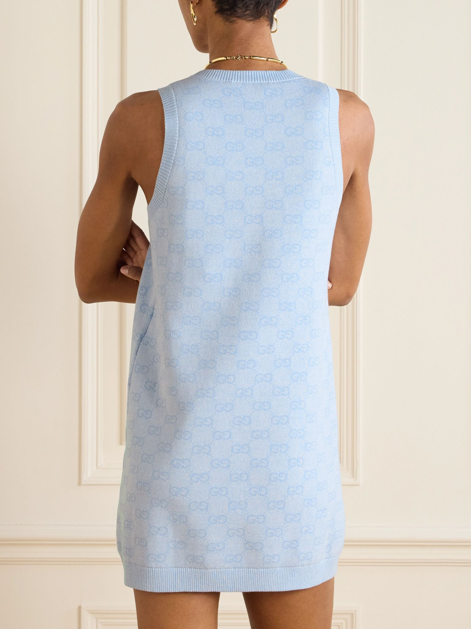 Jacquard-knit cotton mini dress Light blue - 3