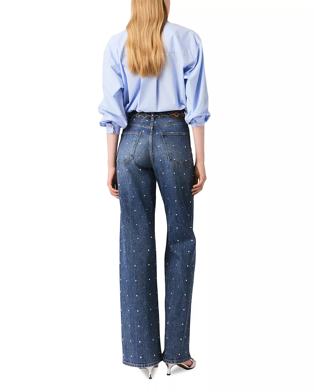 Studded High Rise Wide Leg Jeans in Blue - 3