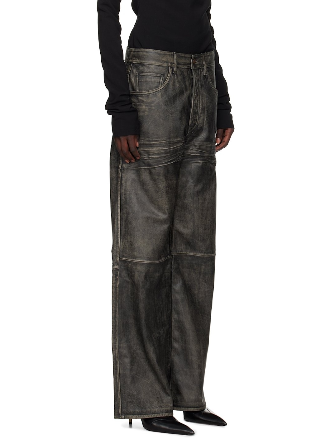 Black Faded Leather Pants - 2