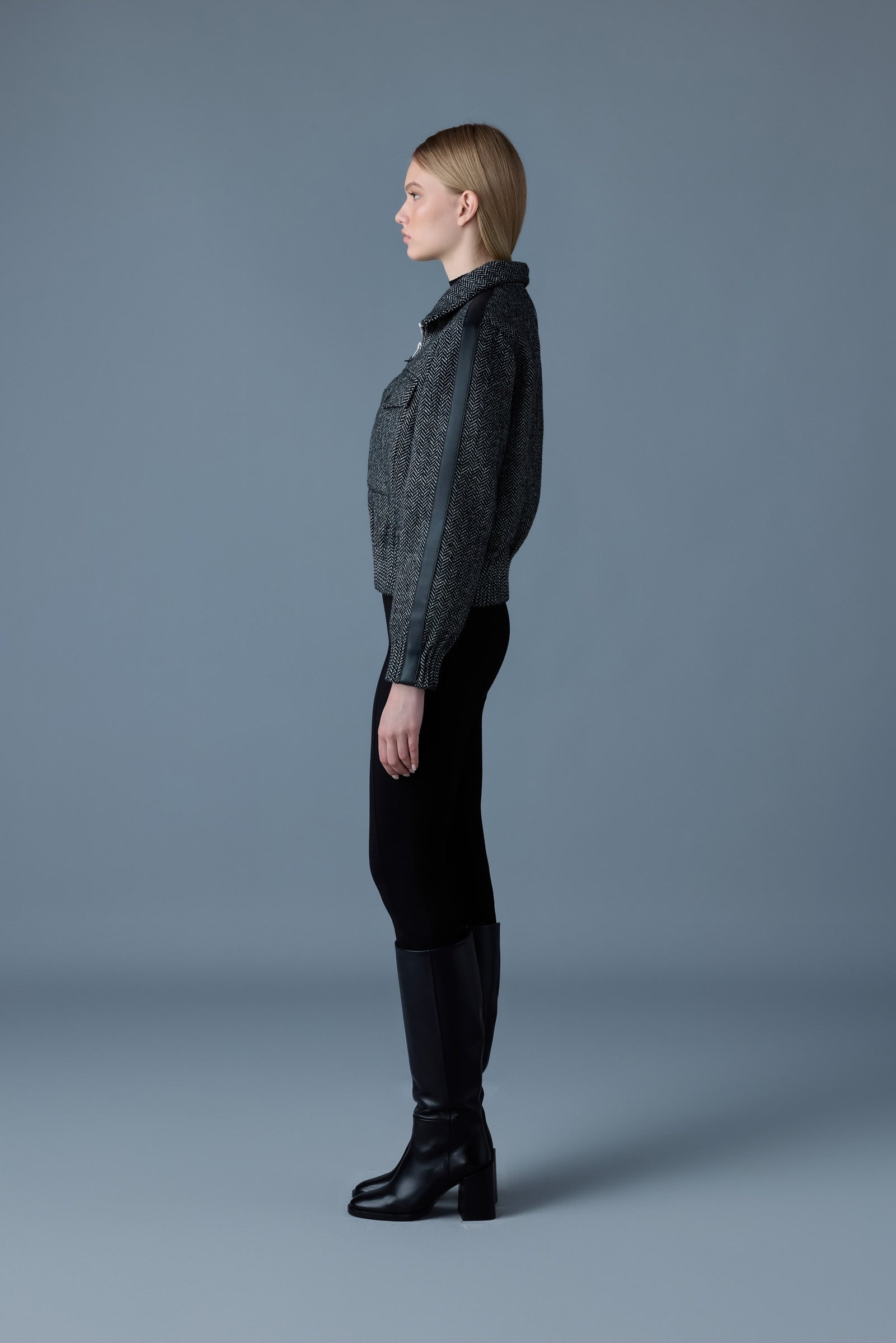 PATTY-HB Short herringbone wool jacket with leather detail - 3