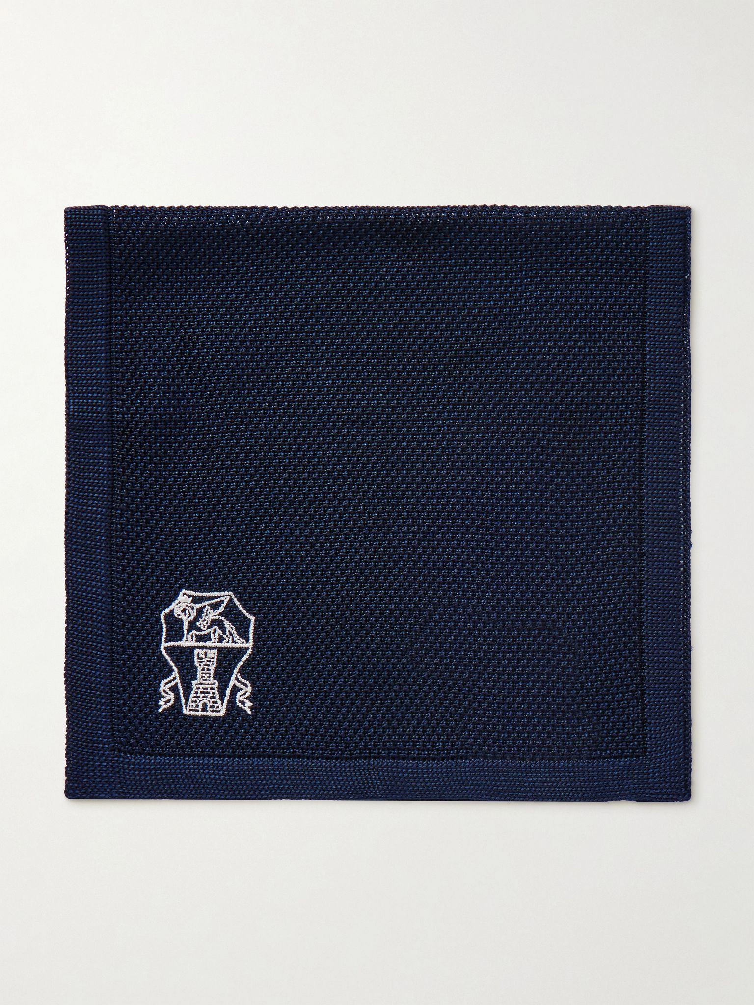 Logo-Embroidered Knitted Silk Pocket Square Blue - 1