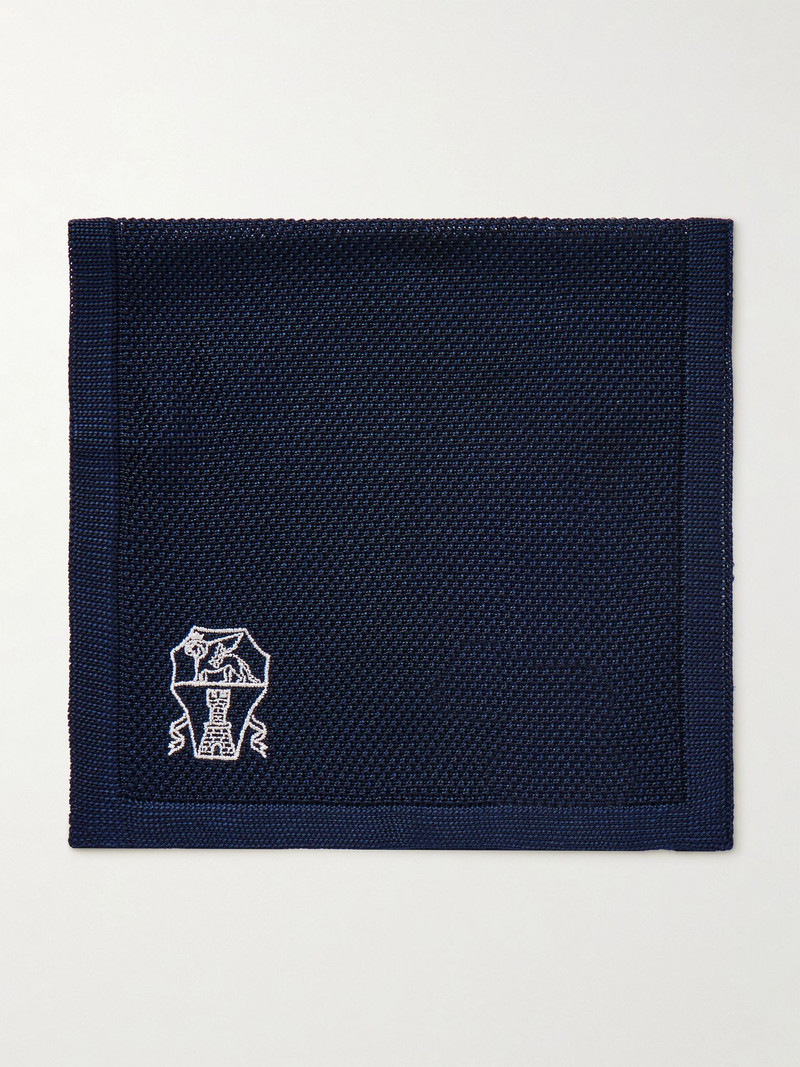 Logo-Embroidered Knitted Silk Pocket Square Blue 1