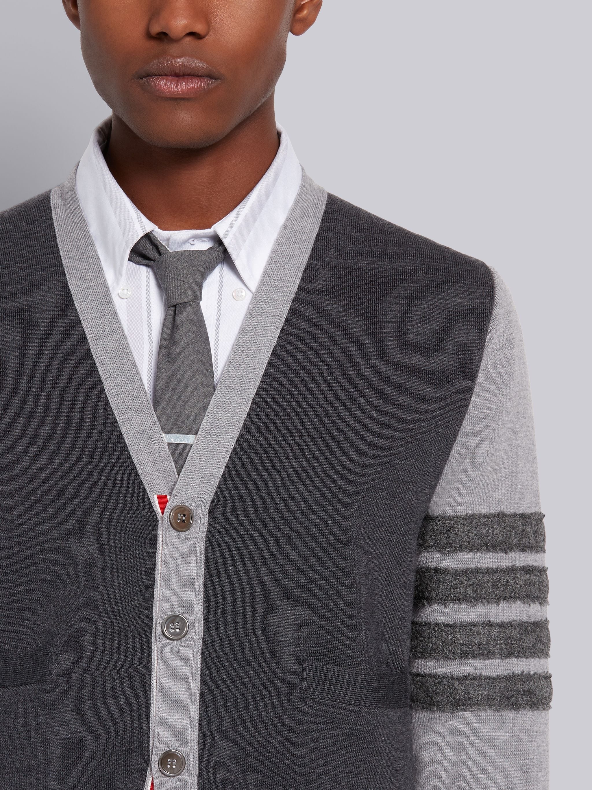 Tonal Grey Fun-Mix Merino Wool Milano Stitch Shetland 4-Bar V-Neck Cardigan - 5