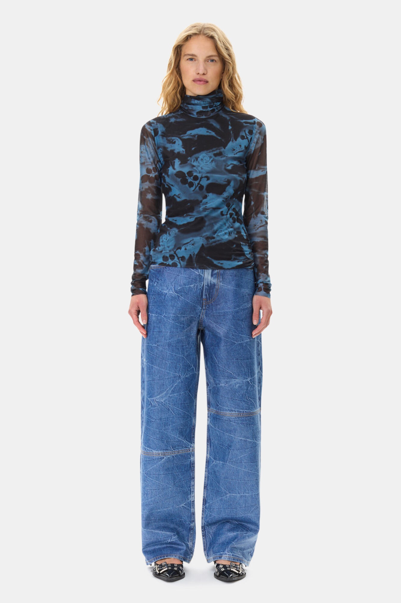 BLUE PRINTED MESH LONG SLEEVE ROLLNECK - 2