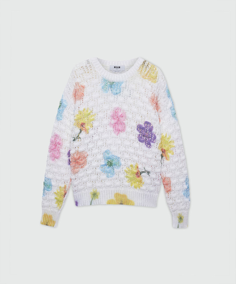 White crochet sweater with maxi floral print 1