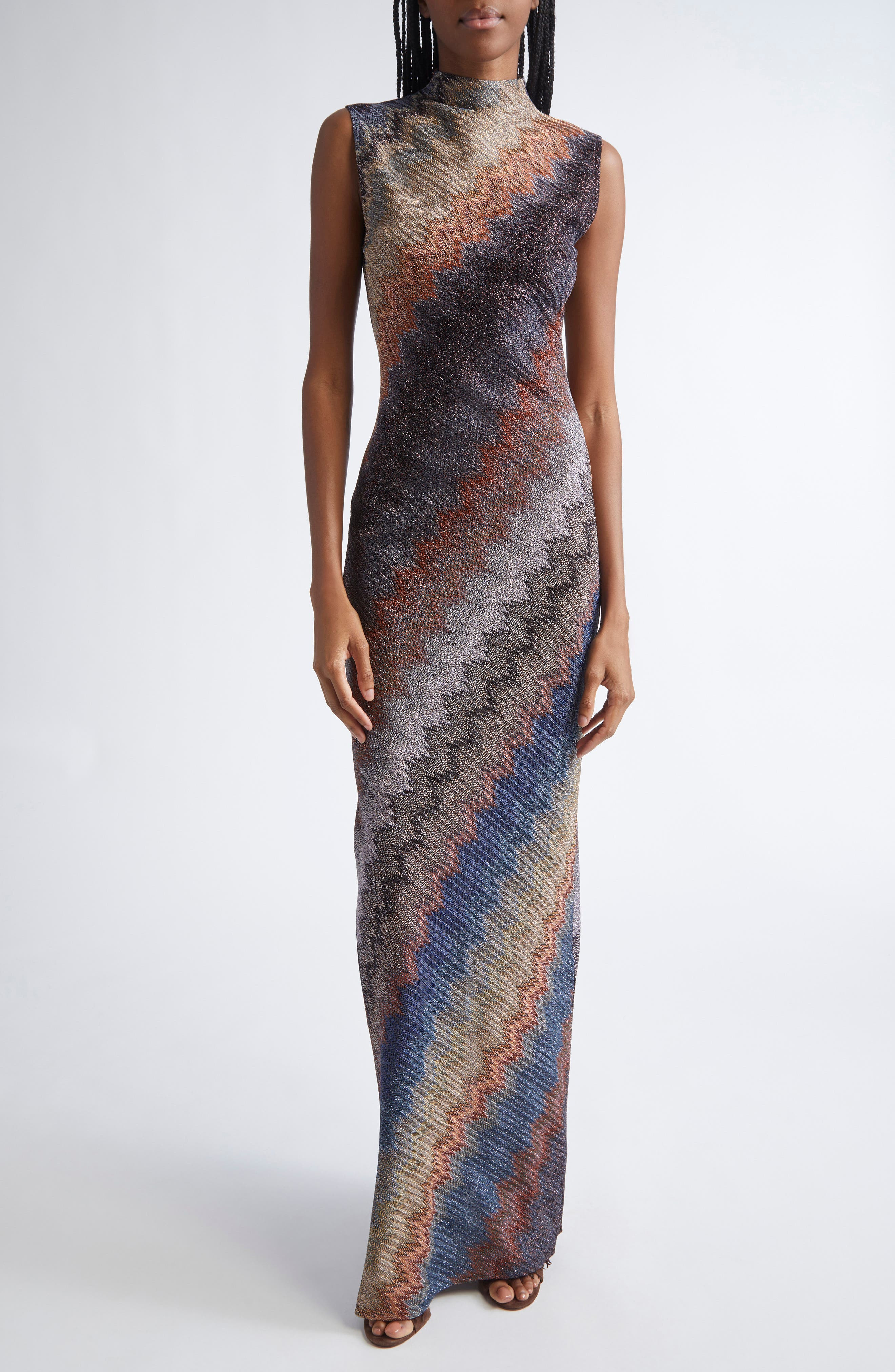 Missoni Metallic Zigzag Stripe Sleeveless Knit Dress in Blue Tones On Dark Base at Nordstrom - 1