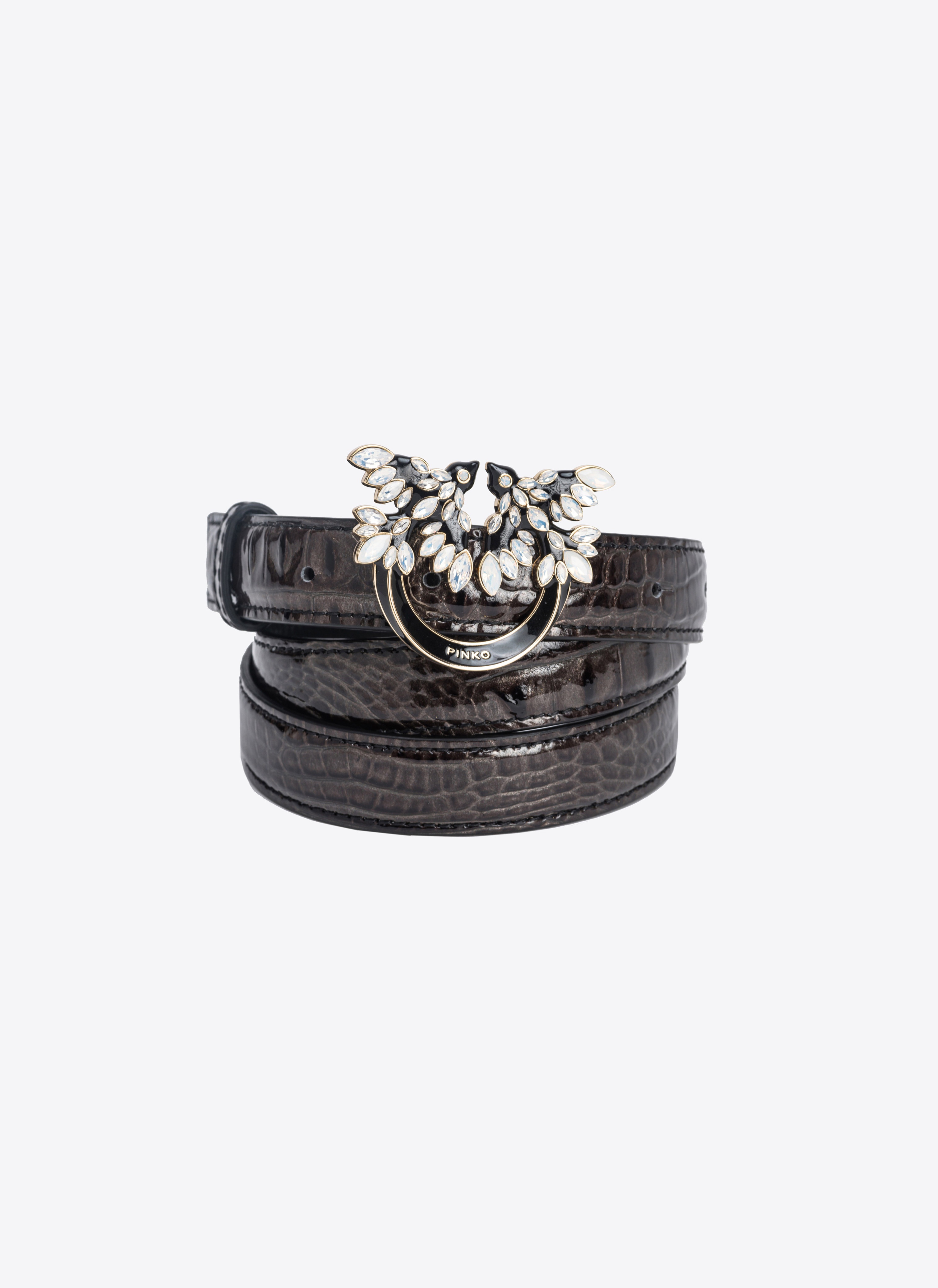 PINKO GALLERIA THIN 2CM CROC-PRINT BELT WITH LOVE BIRDS BUCKLE - 5