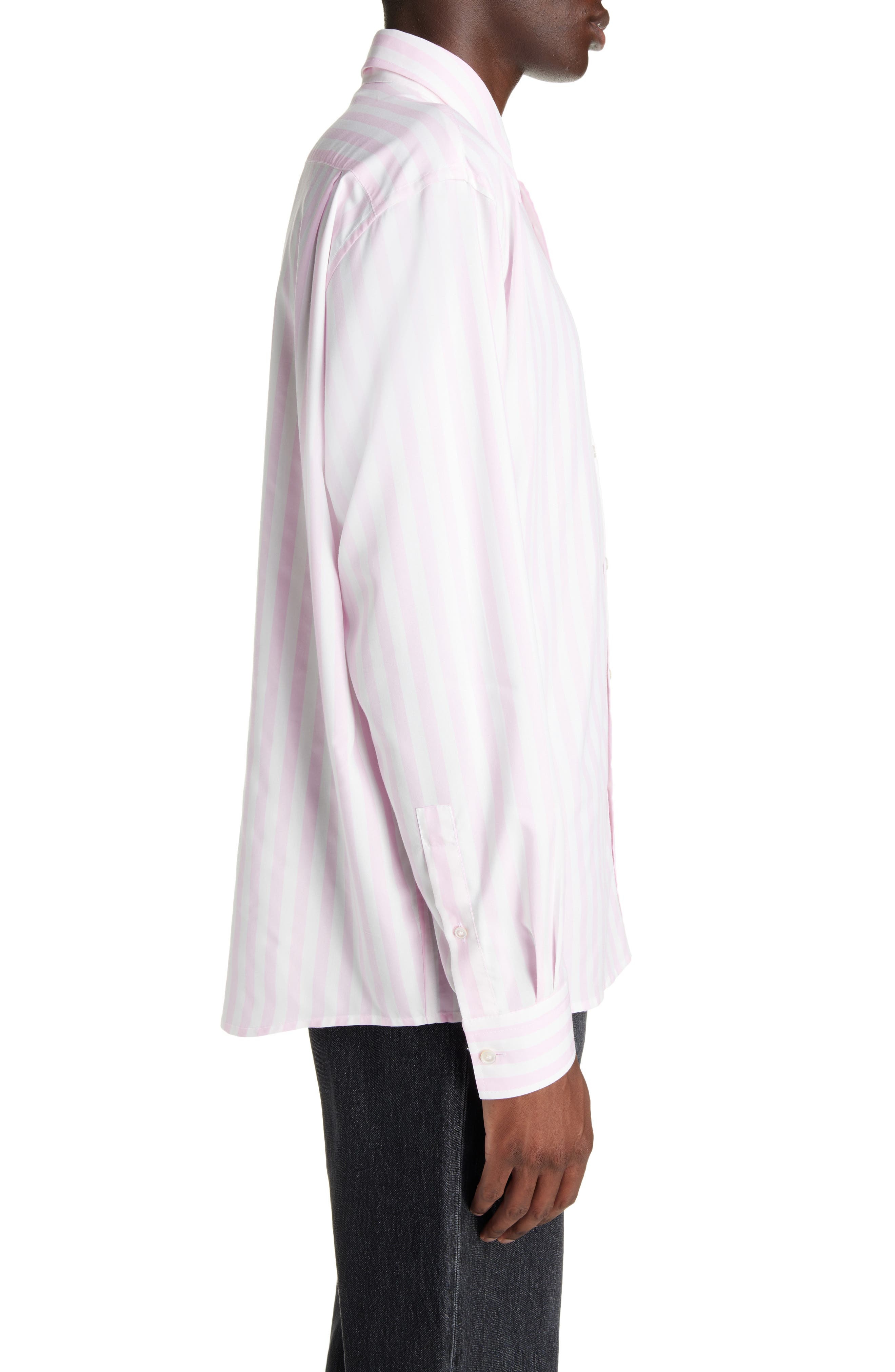 Acne Studios Embroidered Logo Stripe Button-Up Shirt in Pink/White at Nordstrom - 4