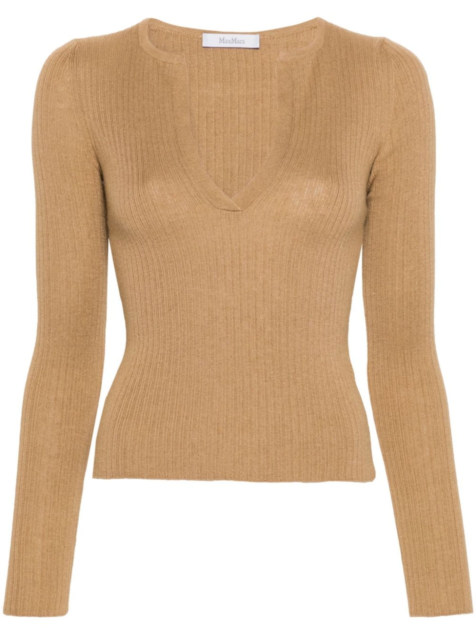 Neutral Ribbed-Knit V-Neck Sweater - 1