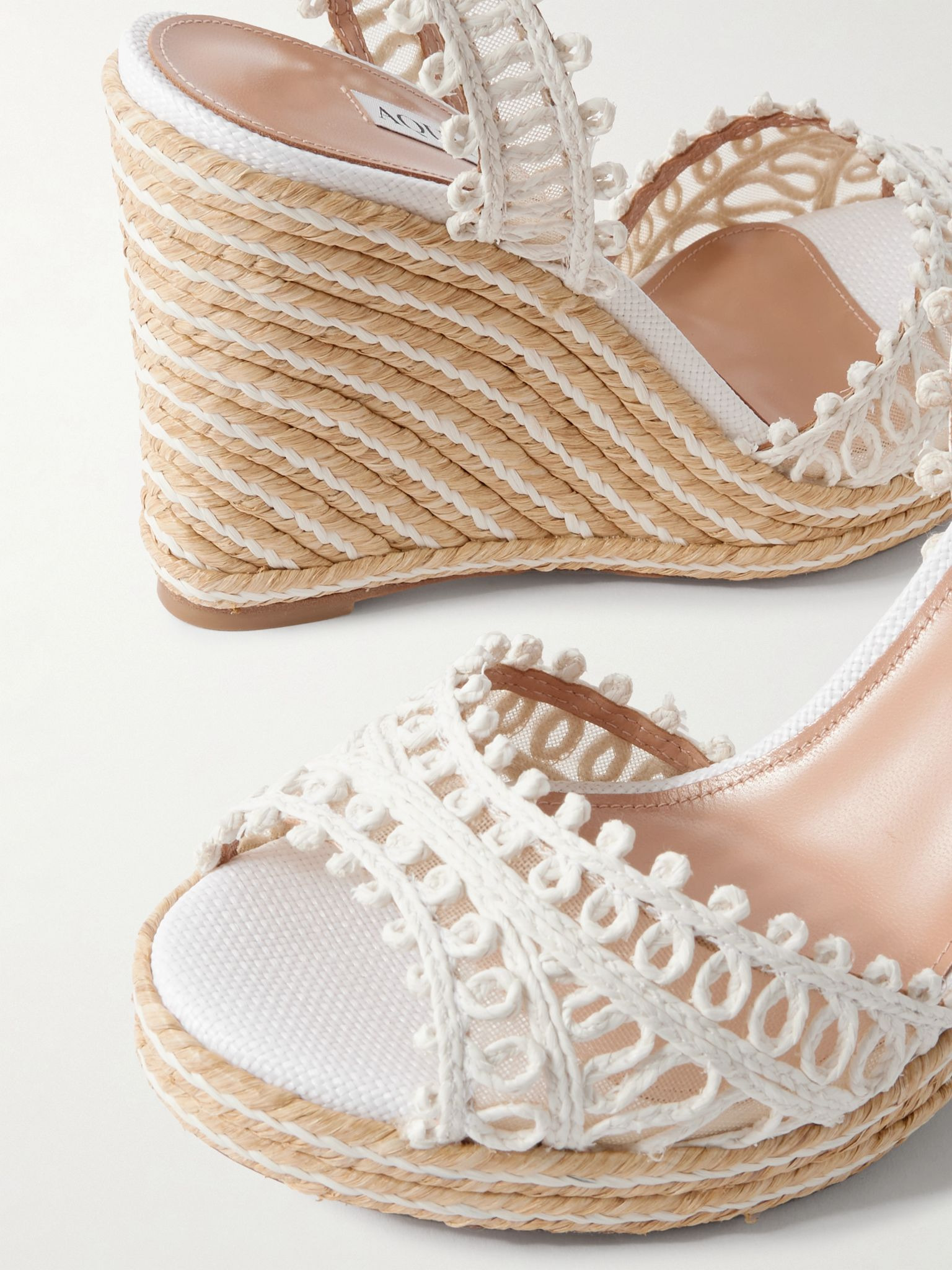 Kahlo mesh-trimmed raffia wedge espadrilles White - 4
