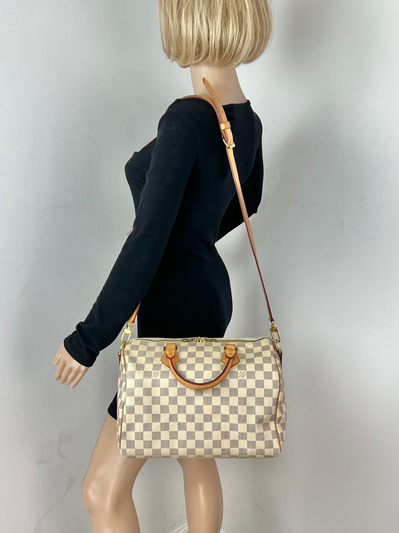 LOUIS VUITTON Speedy Bandouliere 30 Damier Azur Shoulder Hand Bag Added Insert Preowned - 5