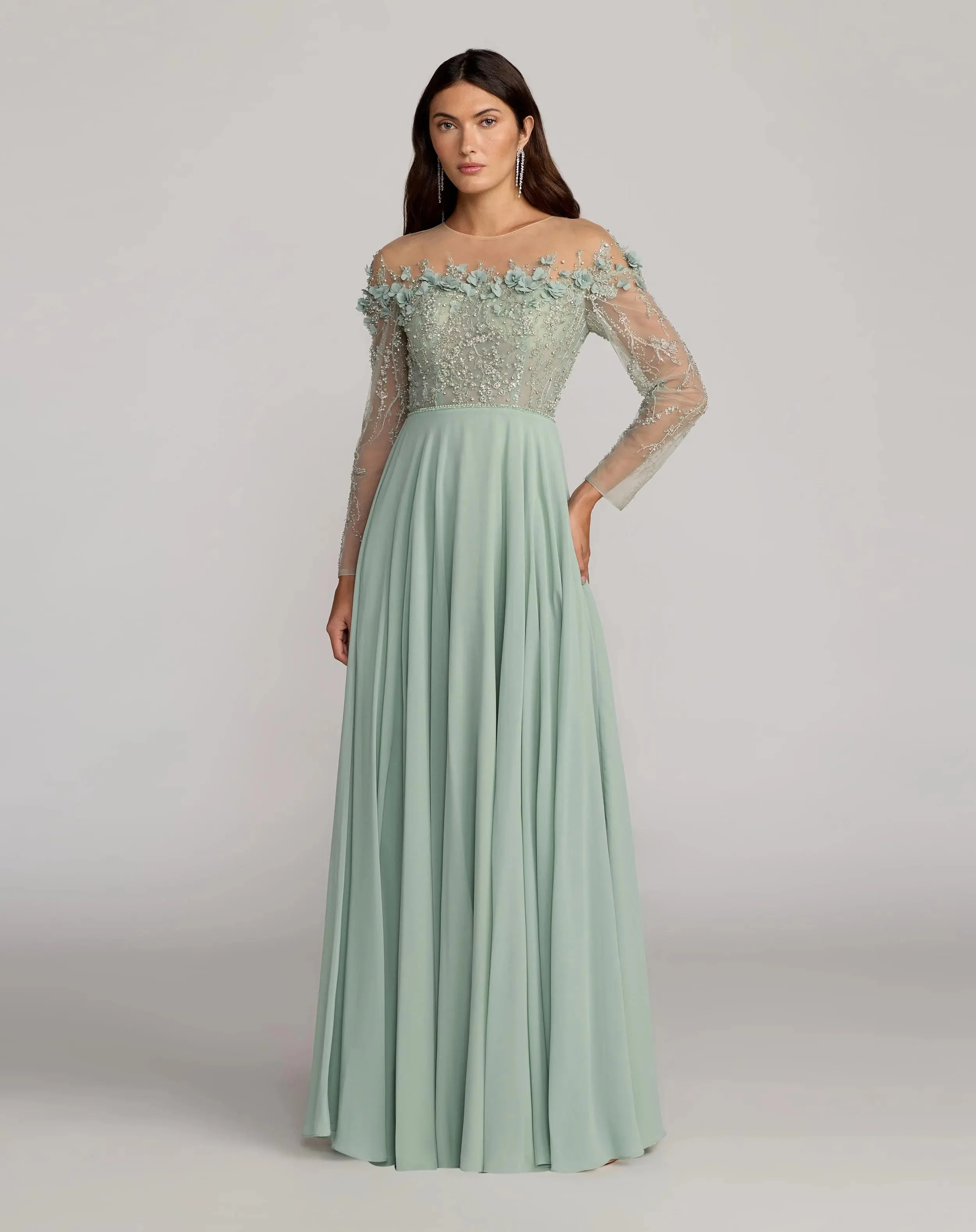 Green Embellished Off The Shoulder Gown With 3D Flowers - 1
